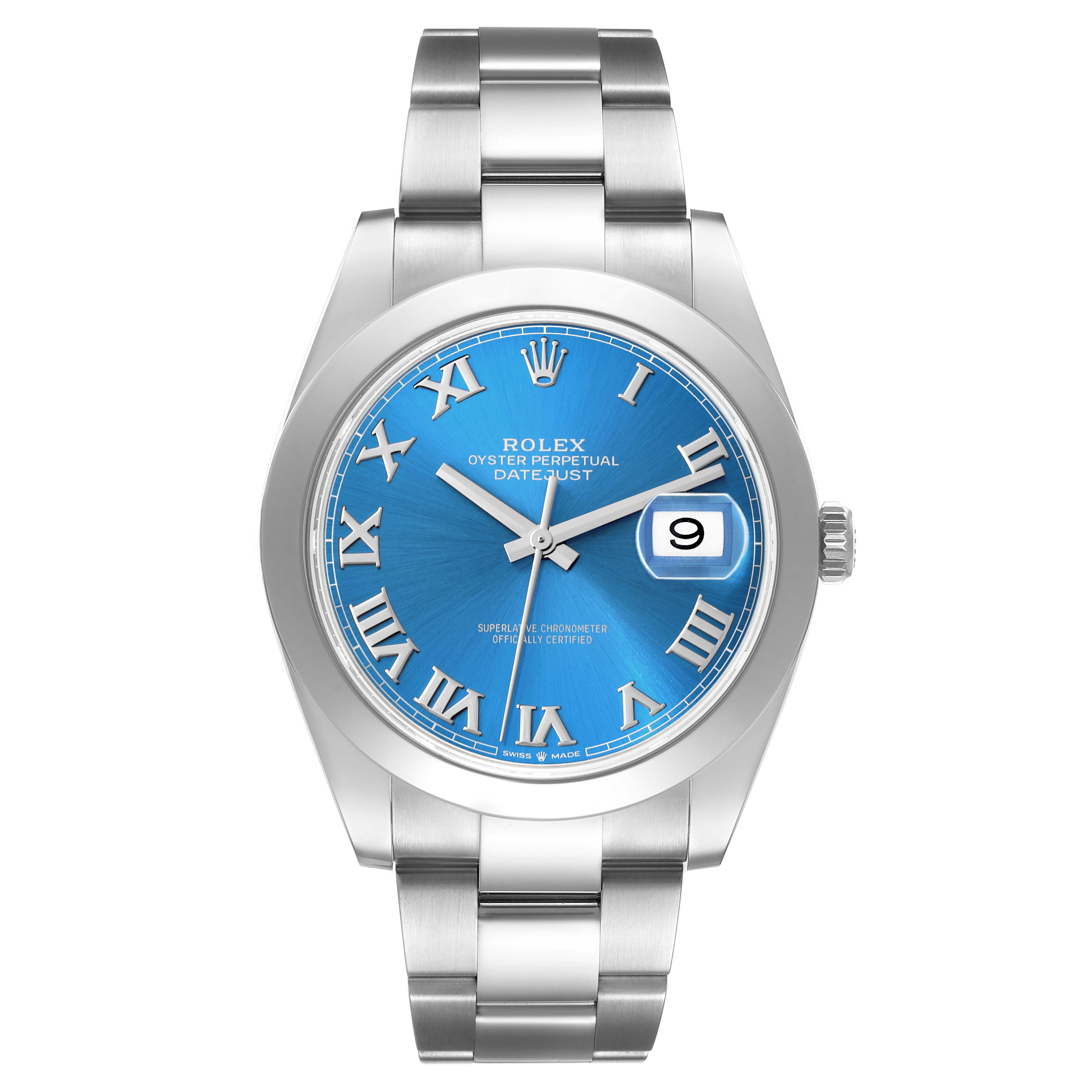 The image shows the front view of a Rolex Datejust 41 126300 Men
s Stainless Steel Blue Dial 126300 Men
s Stainless Steel Blue Dial watch with a blue dial, Roman numerals, and a stainless steel bracelet.