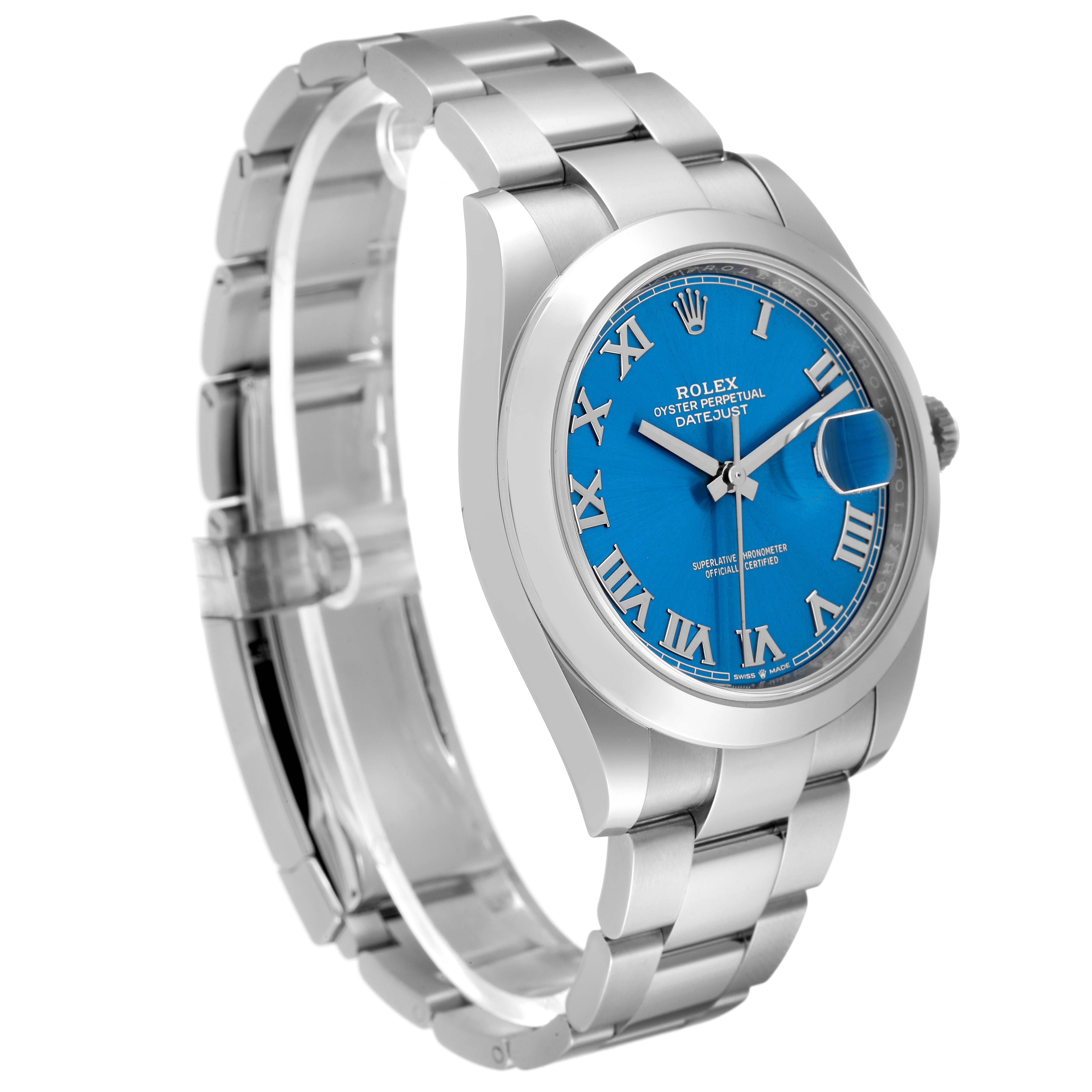 The Rolex Datejust 41 126300 Men
s Stainless Steel Blue Dial 126300 Men
s Stainless Steel Blue Dial watch is shown at a slight angle, displaying the bracelet, case, and blue dial with Roman numerals.