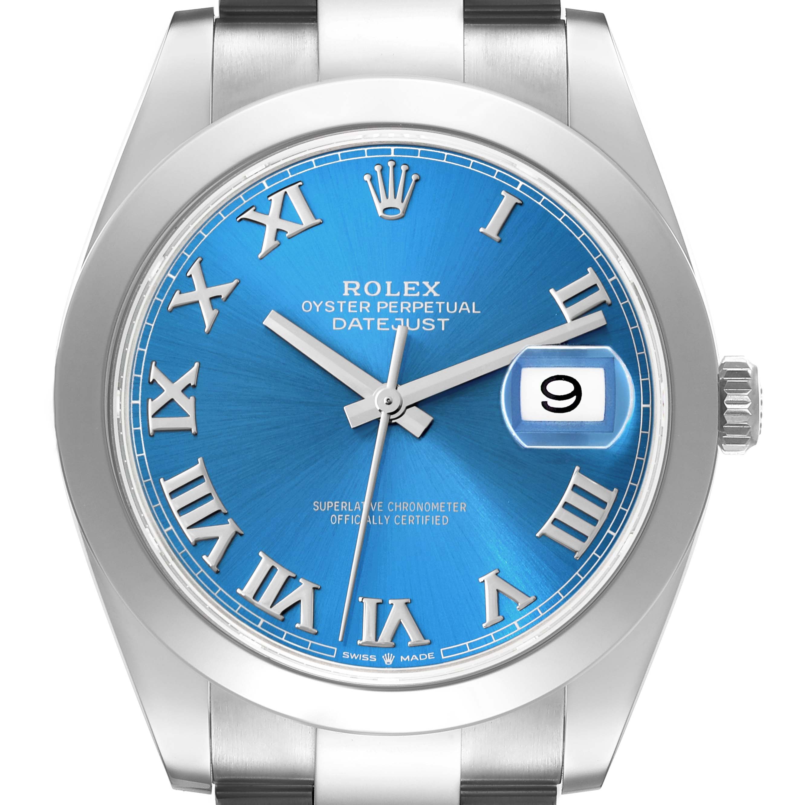 This image shows a front view of the Rolex Datejust 41 126300 Men
s Stainless Steel Blue Dial 126300 Men
s Stainless Steel Blue Dial watch, featuring a blue dial with Roman numerals and a date window.