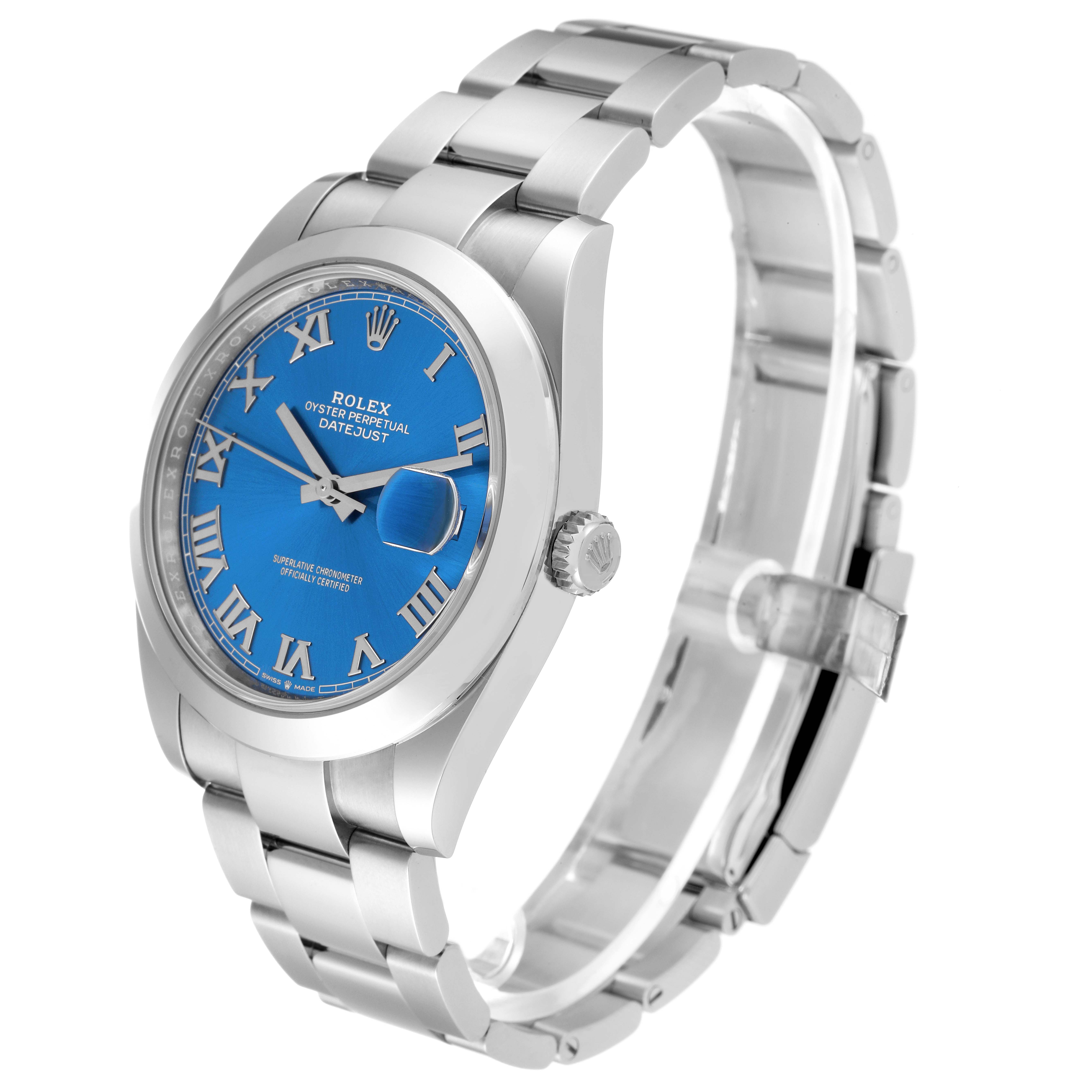 This image shows a Rolex Datejust 41 126300 Men
s Stainless Steel Blue Dial 126300 Men
s Stainless Steel Blue Dial watch at a three-quarter angle, highlighting its blue dial, bracelet, and case.