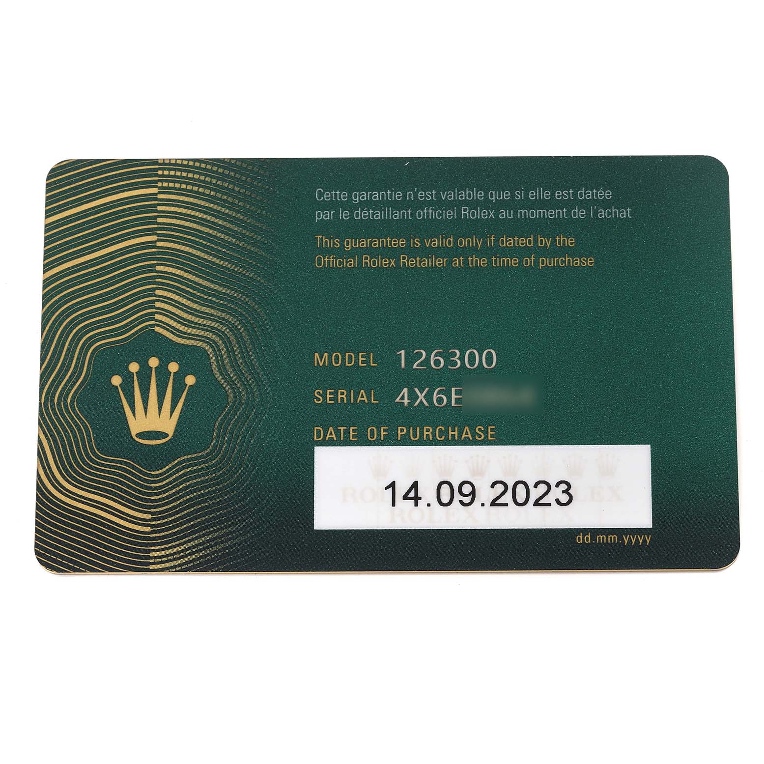 This image shows the warranty card for a Rolex Datejust 41 126300 Men
s Stainless Steel Blue Dial 126300 Men
s Stainless Steel Blue Dial model, with model and serial numbers and the purchase date.