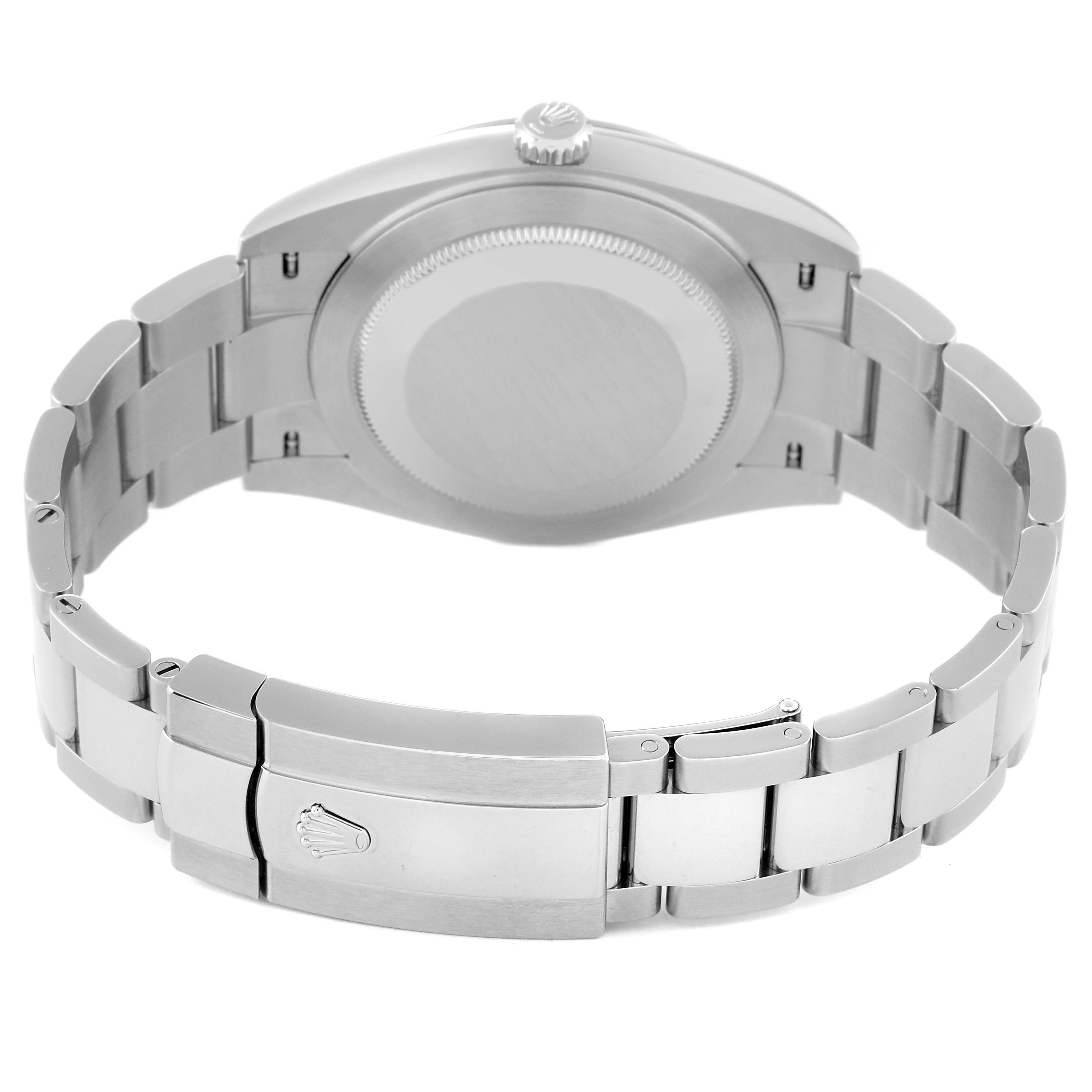 The image shows the back view of a Rolex Datejust 41 126300 Men
s Stainless Steel Blue Dial 126300 Men
s Stainless Steel Blue Dial watch, featuring its stainless steel bracelet and clasp.