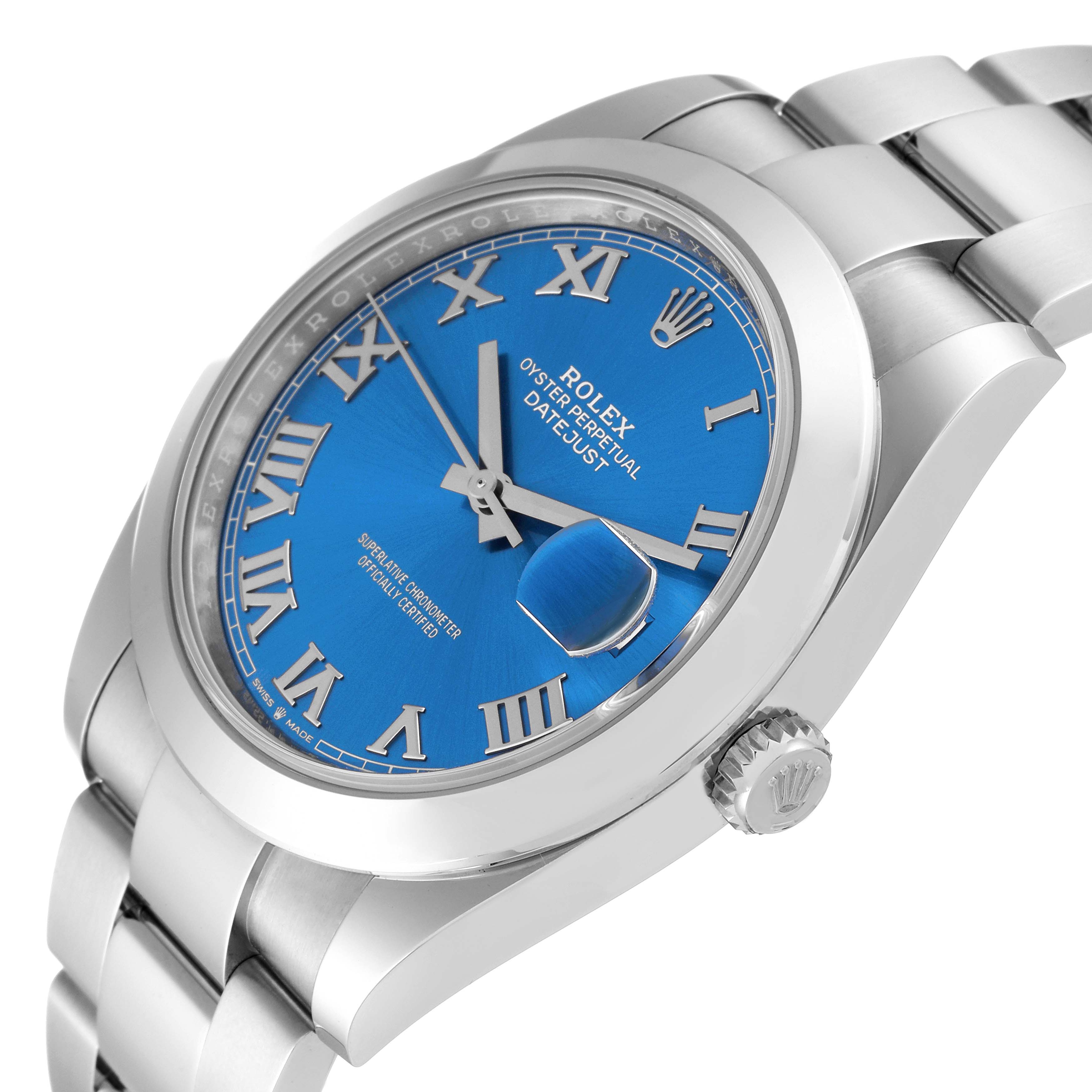 The image shows a close-up, angled view of the Rolex Datejust 41 126300 Men
s Stainless Steel Blue Dial 126300 Men
s Stainless Steel Blue Dial watch, highlighting the blue dial, Roman numerals, and part of the bracelet.