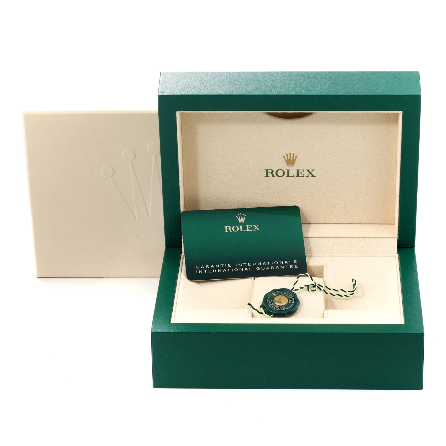 This image shows the warranty card and accessories of the Rolex Datejust 41 126331 Men's Steel and Gold (two tone) Grey Dial 126331 Men's Steel and Gold (two tone) Grey Dial model, presented in an open green box with a white outer sleeve.