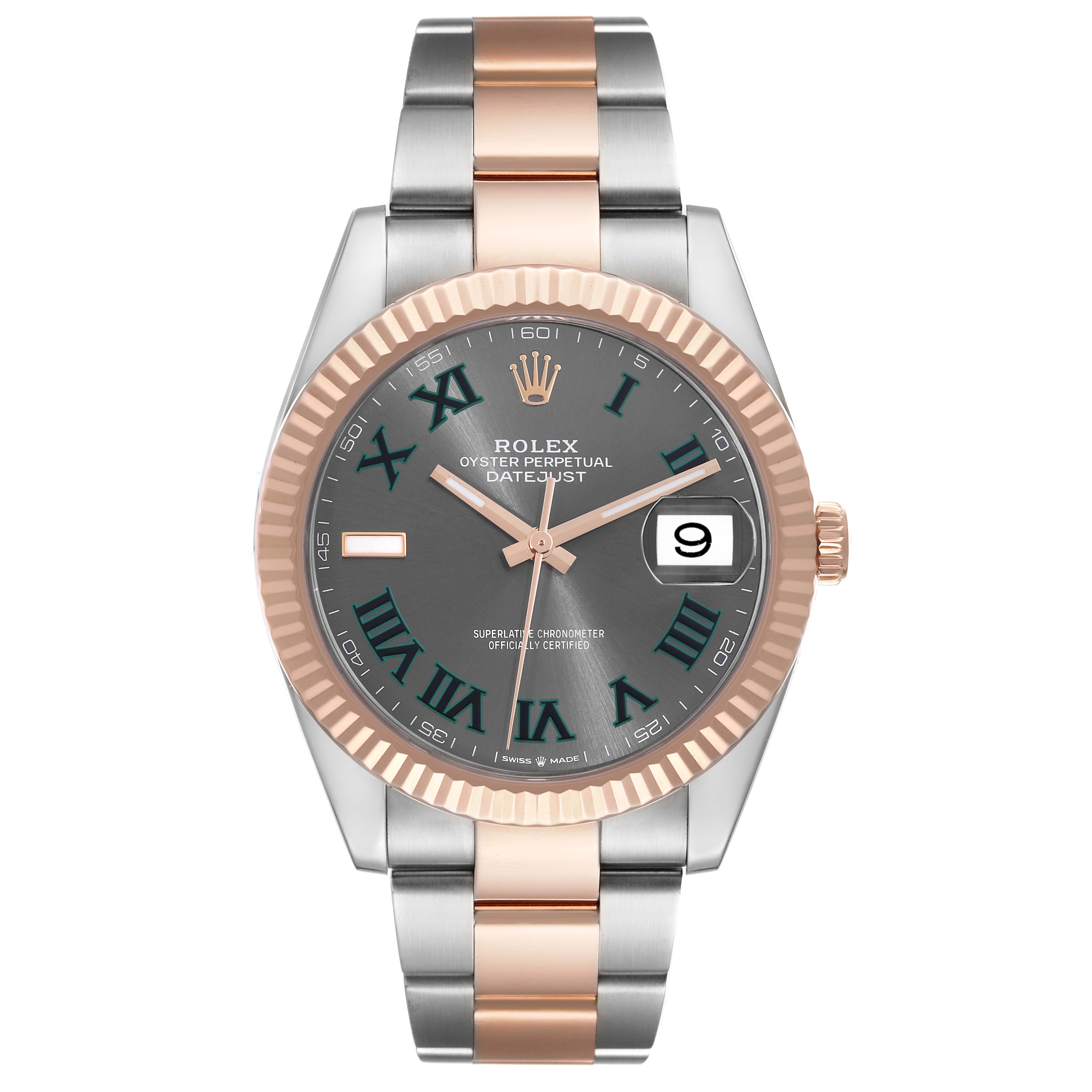 The image shows a front view of a Rolex Datejust 41 126331 Men's Steel and Gold (two tone) Grey Dial 126331 Men's Steel and Gold (two tone) Grey Dial watch, highlighting the face, bezel, and two-tone bracelet.