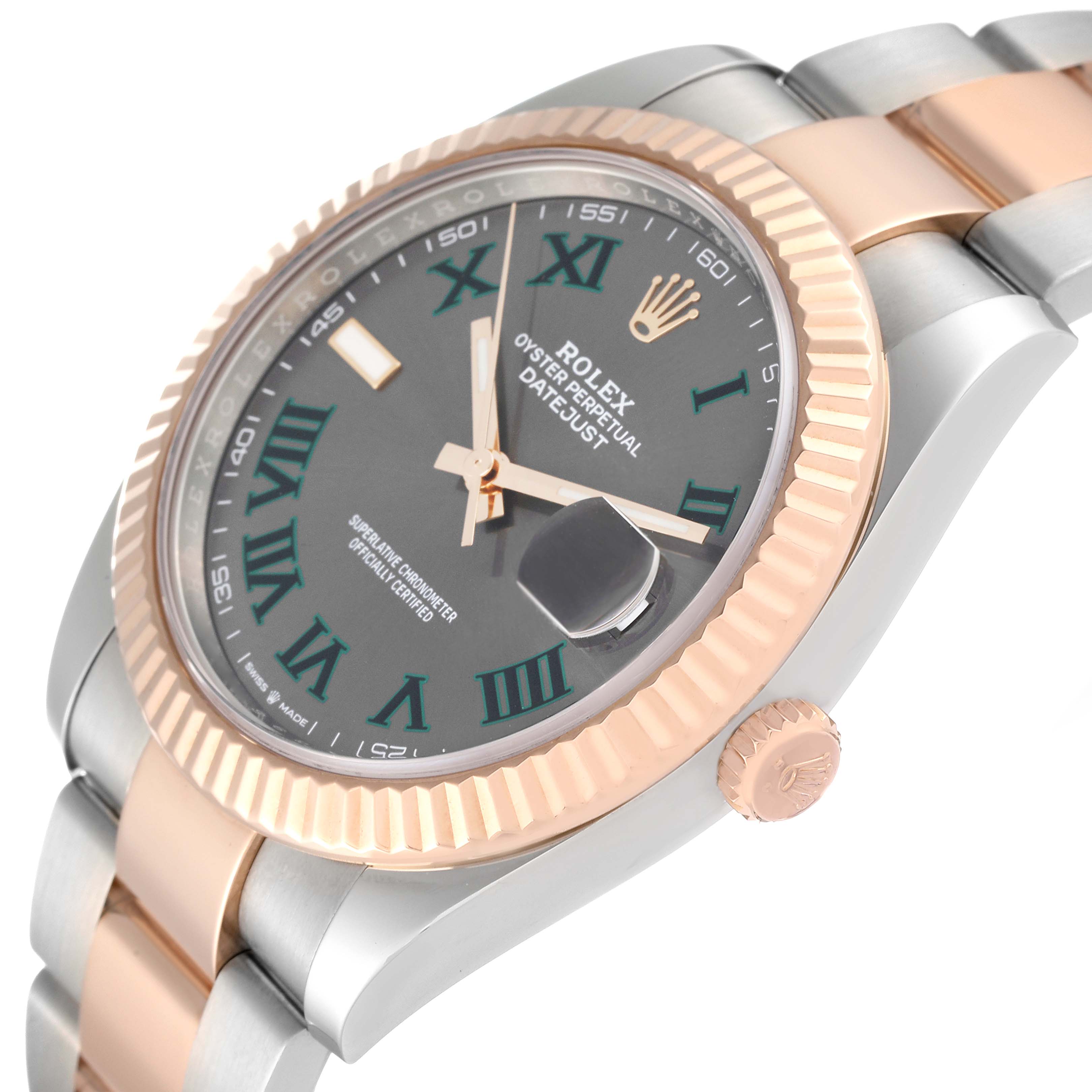 The image shows a Rolex Datejust 41 126331 Men's Steel and Gold (two tone) Grey Dial 126331 Men's Steel and Gold (two tone) Grey Dial watch from an angled side view, highlighting the dial, bezel, and part of the bracelet.