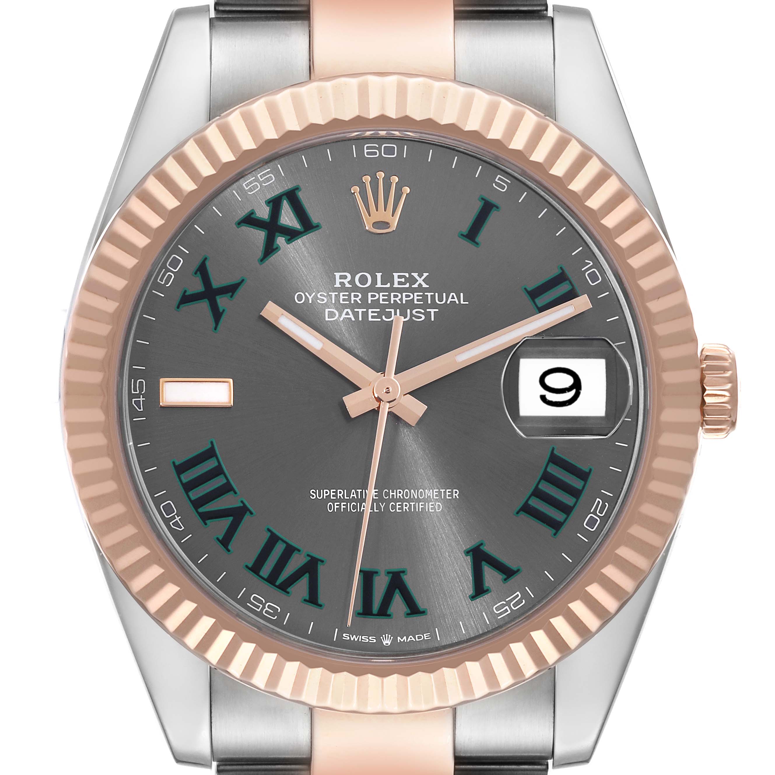 The image shows a front view of the Rolex Datejust 41 126331 Men's Steel and Gold (two tone) Grey Dial 126331 Men's Steel and Gold (two tone) Grey Dial watch, highlighting the dial, hands, bezel, crown, and bracelet.