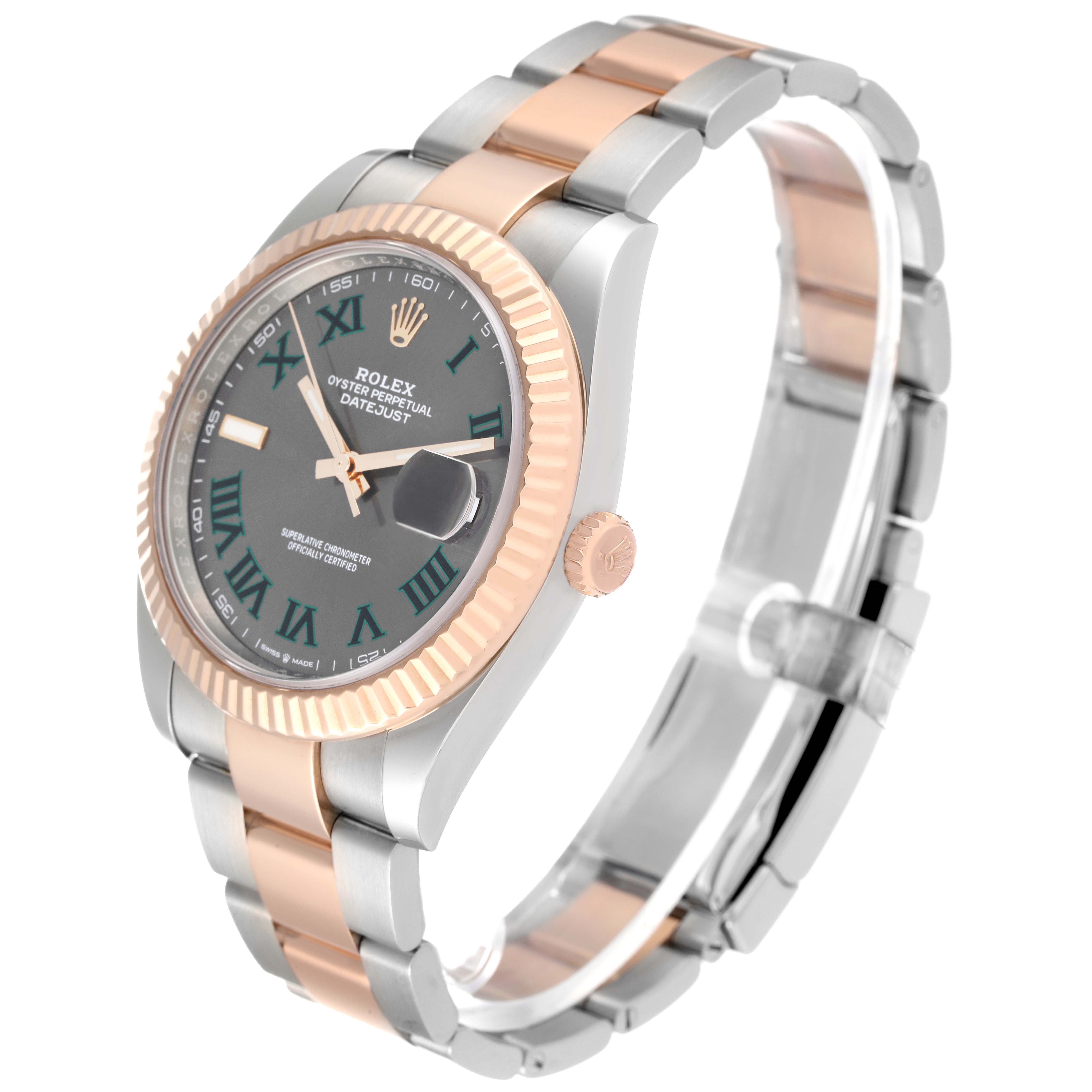 The image shows a three-quarter angled view of a Rolex Datejust 41 126331 Men's Steel and Gold (two tone) Grey Dial 126331 Men's Steel and Gold (two tone) Grey Dial watch, highlighting the dial, bezel, crown, and two-tone bracelet.