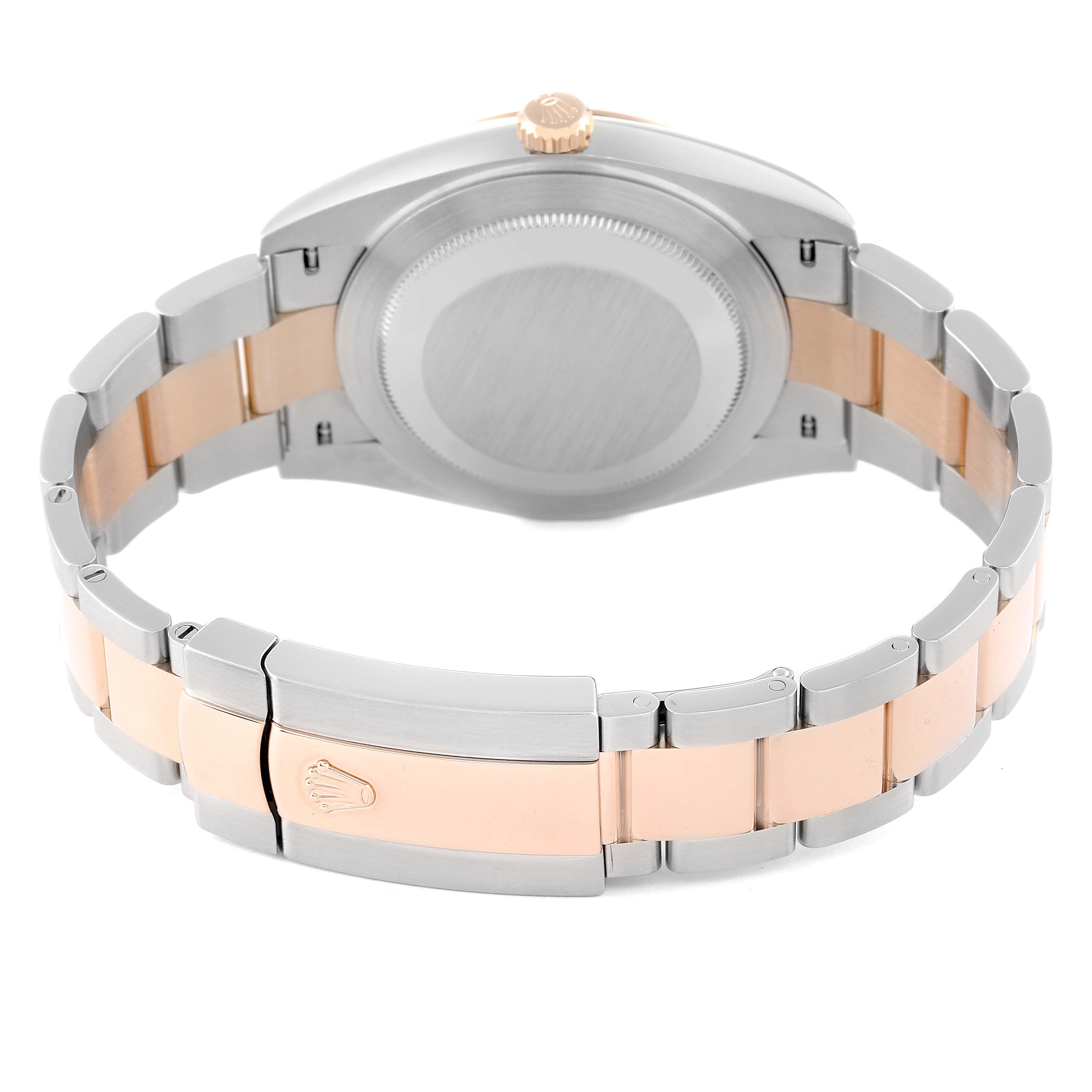 This image shows the back view of a Rolex Datejust 41 126331 Men's Steel and Gold (two tone) Grey Dial 126331 Men's Steel and Gold (two tone) Grey Dial watch, highlighting its two-tone bracelet and closed clasp.