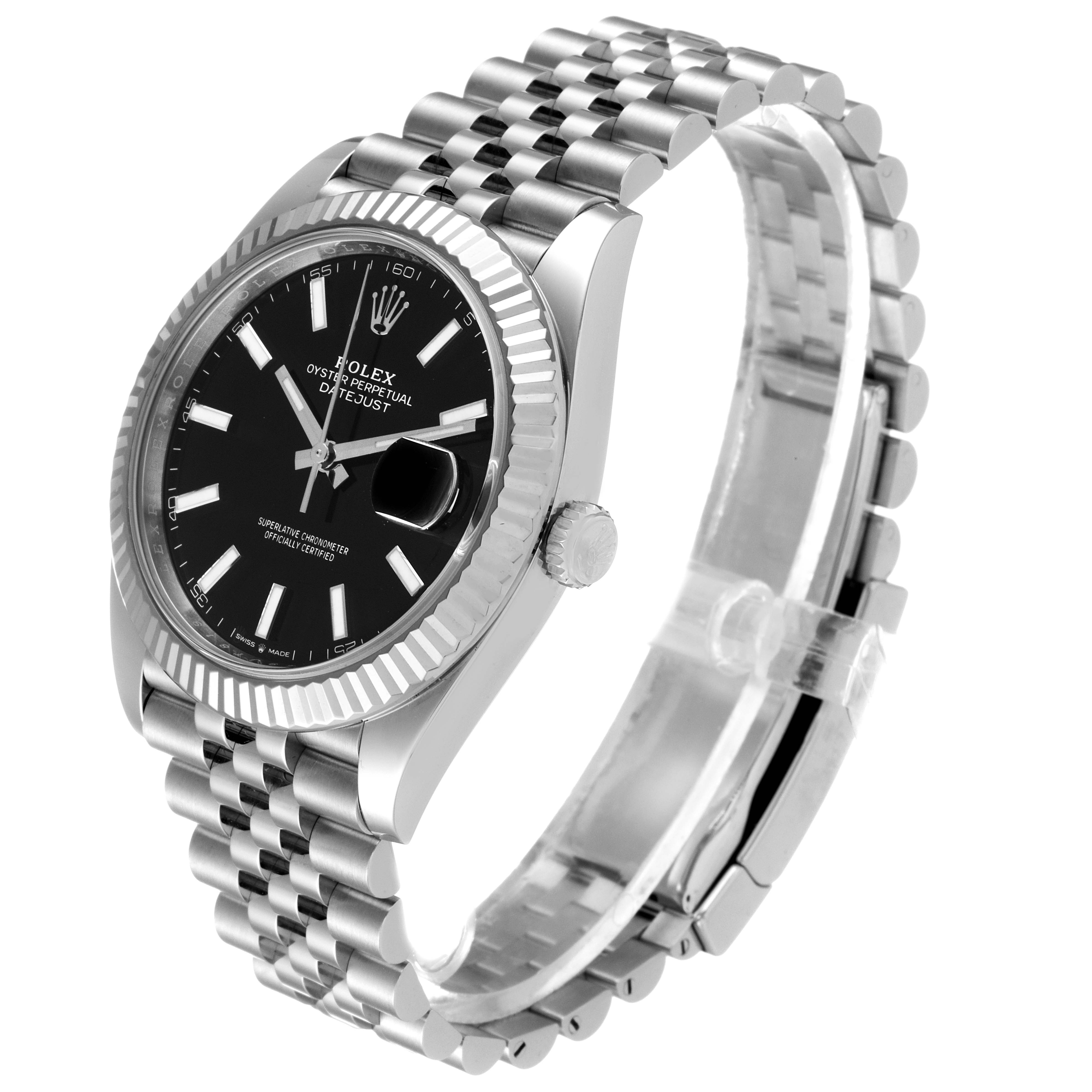 The Rolex Datejust 41 126334 Men's Stainless Steel Black Dial 126334 Men's Stainless Steel Black Dial watch is shown at a three-quarter view, highlighting the black dial, fluted bezel, and Jubilee bracelet.