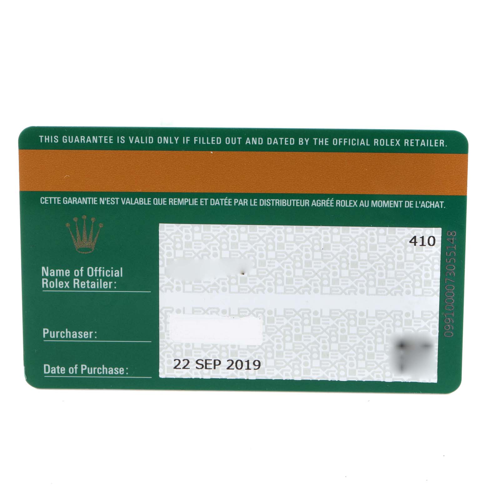 The image shows the official guarantee card for the Rolex Datejust 41 126334 Men's Stainless Steel Black Dial 126334 Men's Stainless Steel Black Dial model, including purchase date and retailer information.