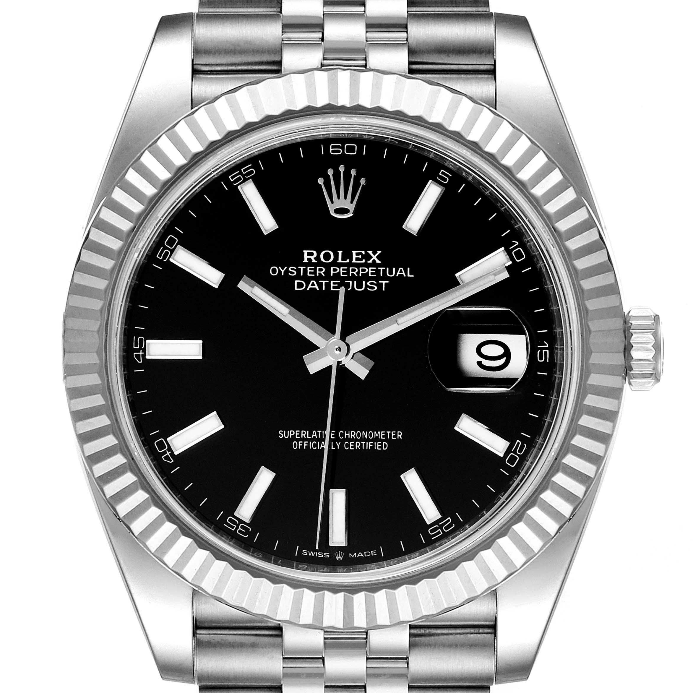 This image shows a front view of the Rolex Datejust 41 126334 Men's Stainless Steel Black Dial 126334 Men's Stainless Steel Black Dial watch, displaying its black dial, date window, and metal bracelet.