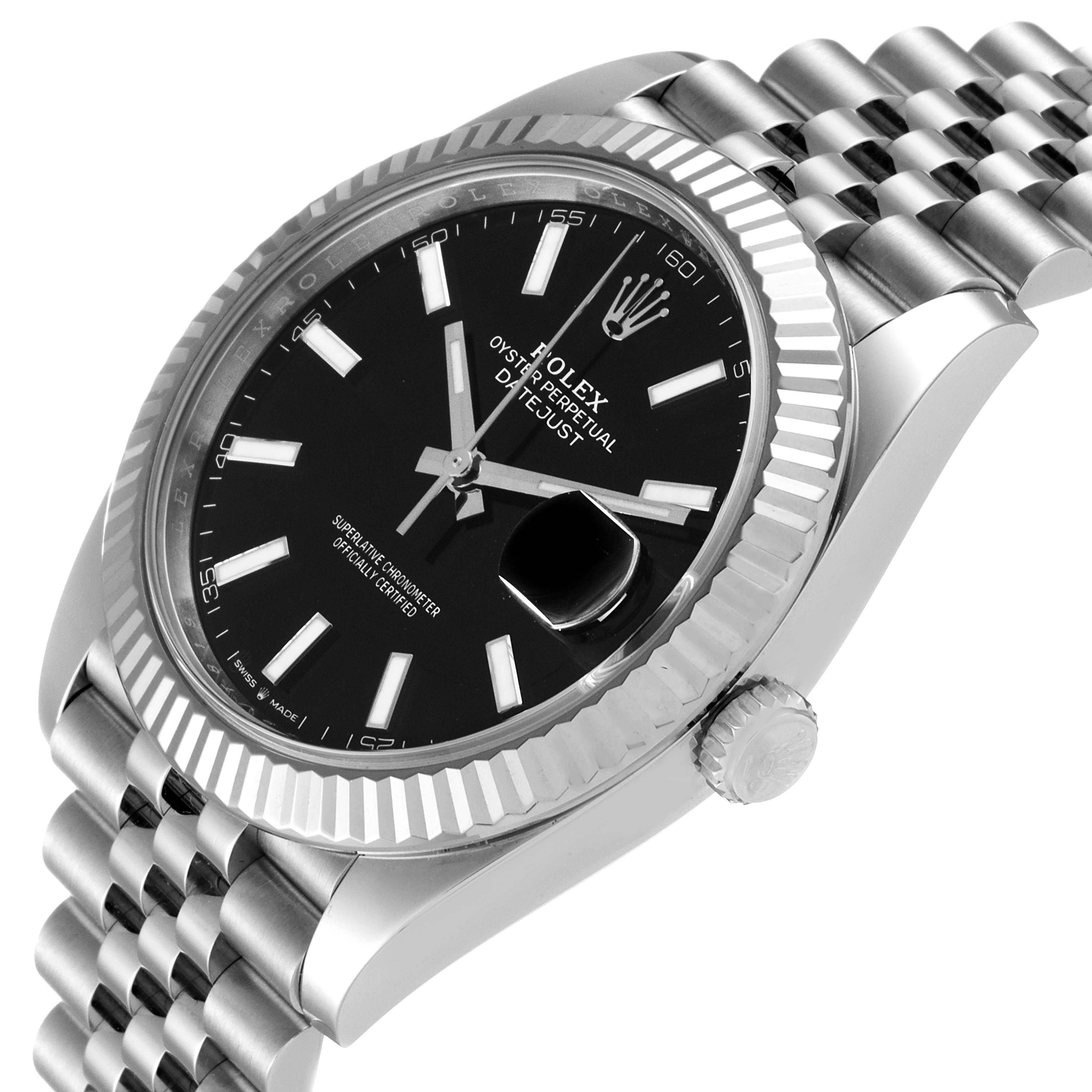 This image shows the Rolex Datejust 41 126334 Men's Stainless Steel Black Dial 126334 Men's Stainless Steel Black Dial model at an angled close-up view, highlighting the watch face, bezel, and part of the bracelet.