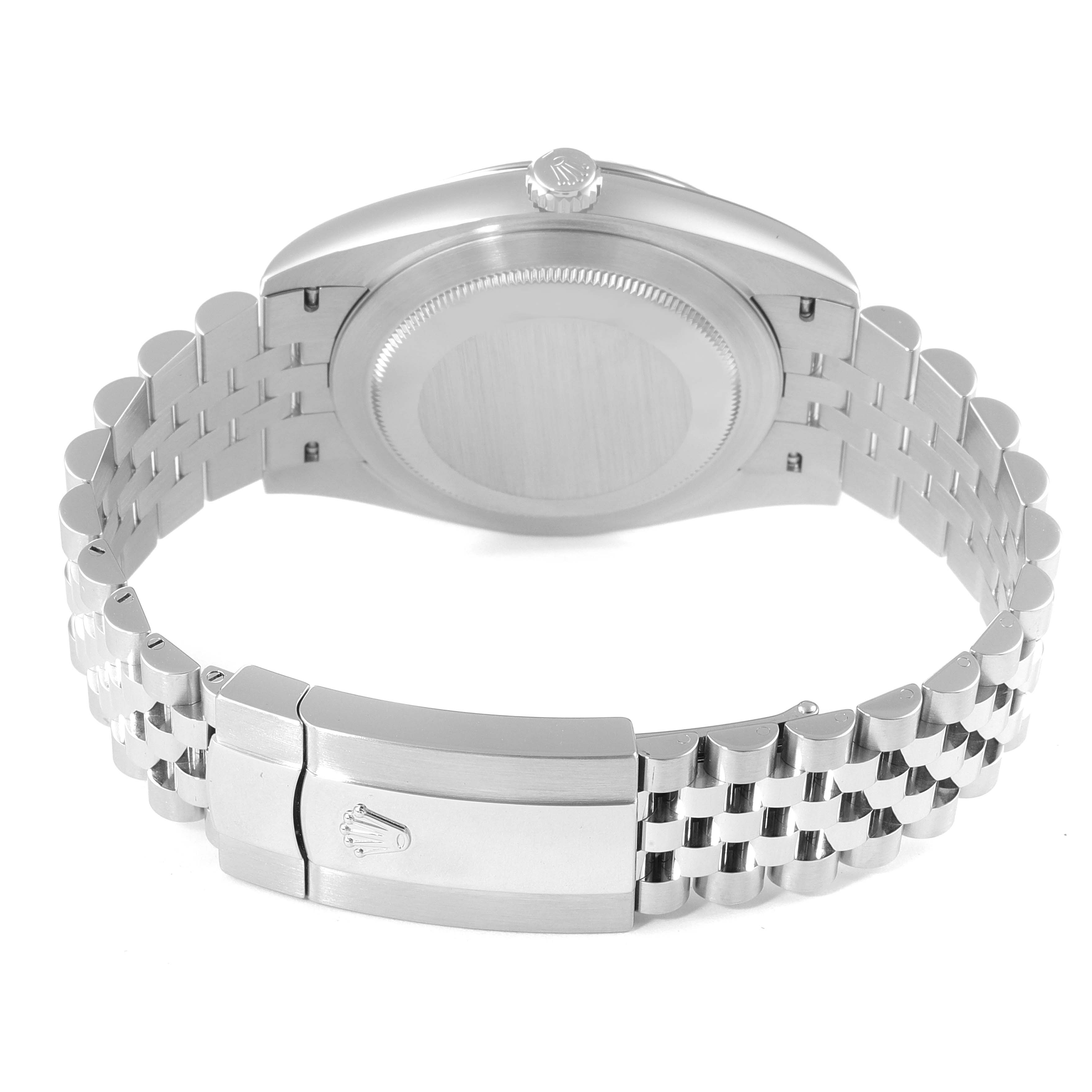 The image shows the back view of a Rolex Datejust 41 126334 Men's Stainless Steel Black Dial 126334 Men's Stainless Steel Black Dial, highlighting the caseback, crown, and jubilee bracelet with a clasp.