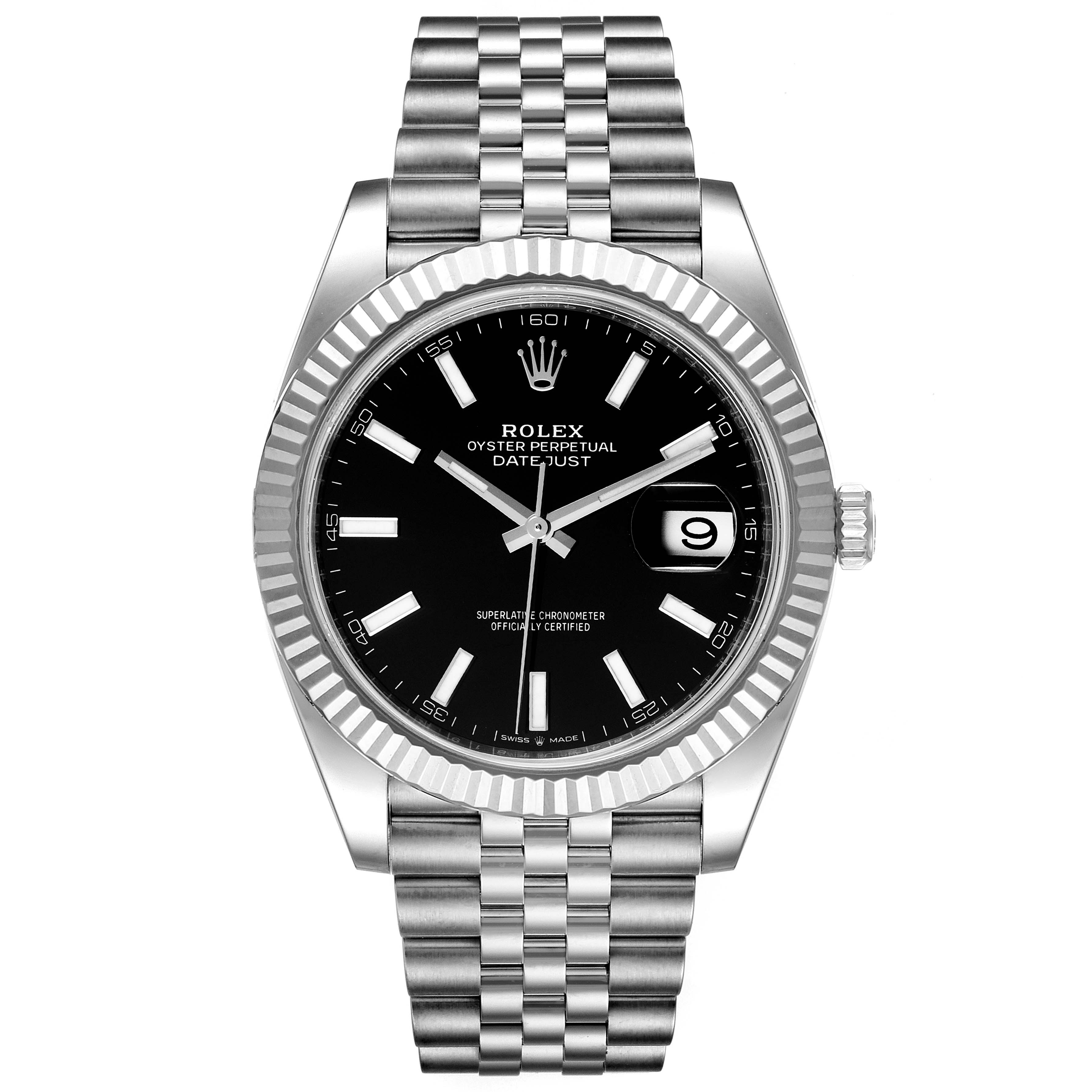 The image shows a front view of the Rolex Datejust 41 126334 Men's Stainless Steel Black Dial 126334 Men's Stainless Steel Black Dial, displaying its dial, bezel, hands, crown, and bracelet.