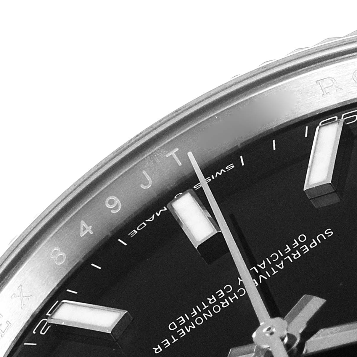 The image shows a close-up of the dial and bezel of the Rolex Datejust 41 126334 Men's Stainless Steel Black Dial 126334 Men's Stainless Steel Black Dial watch, focusing on the hour markers and part of the minute hand.