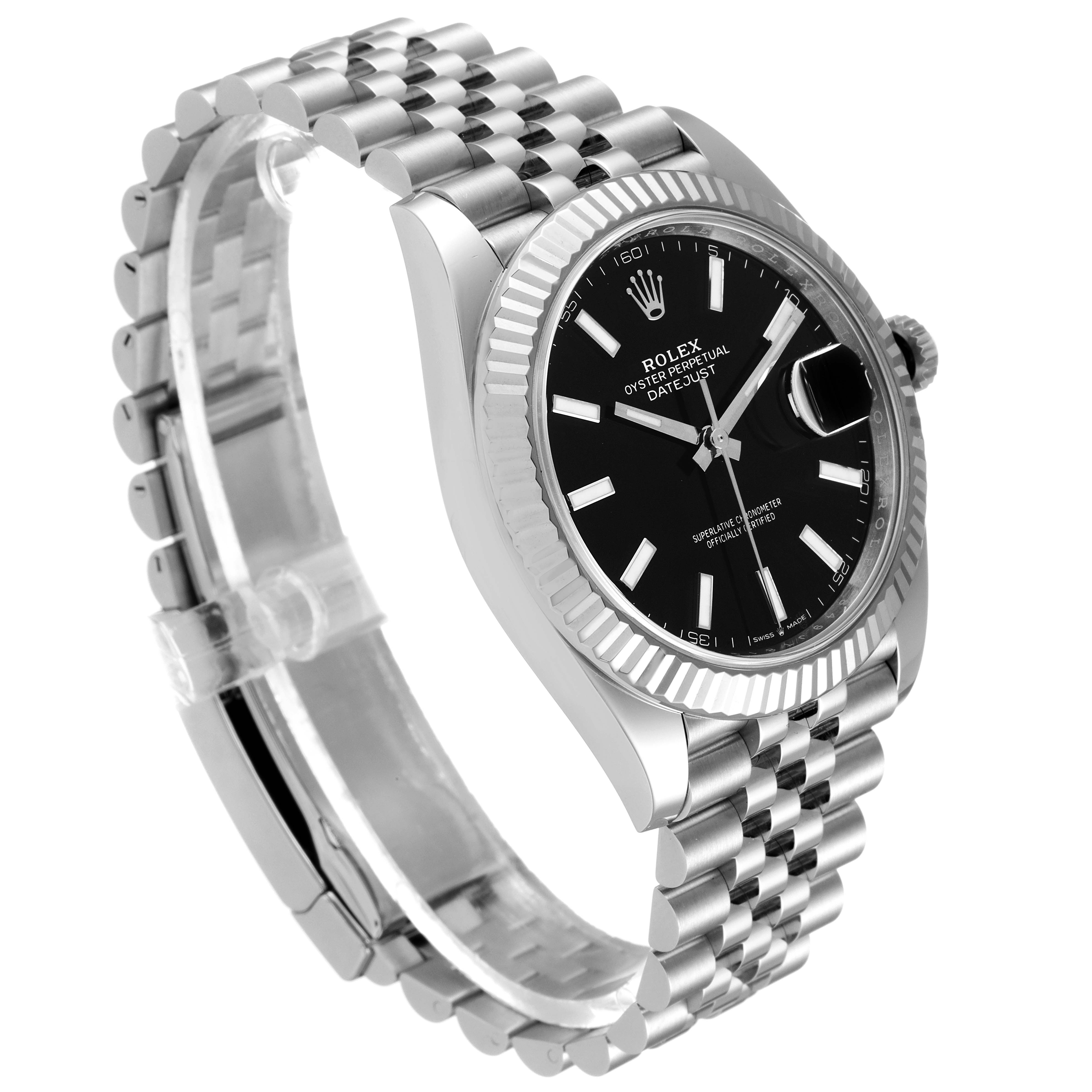 This image shows the Rolex Datejust 41 126334 Men's Stainless Steel Black Dial 126334 Men's Stainless Steel Black Dial model at an angled view displaying the face, bezel, and part of the bracelet.