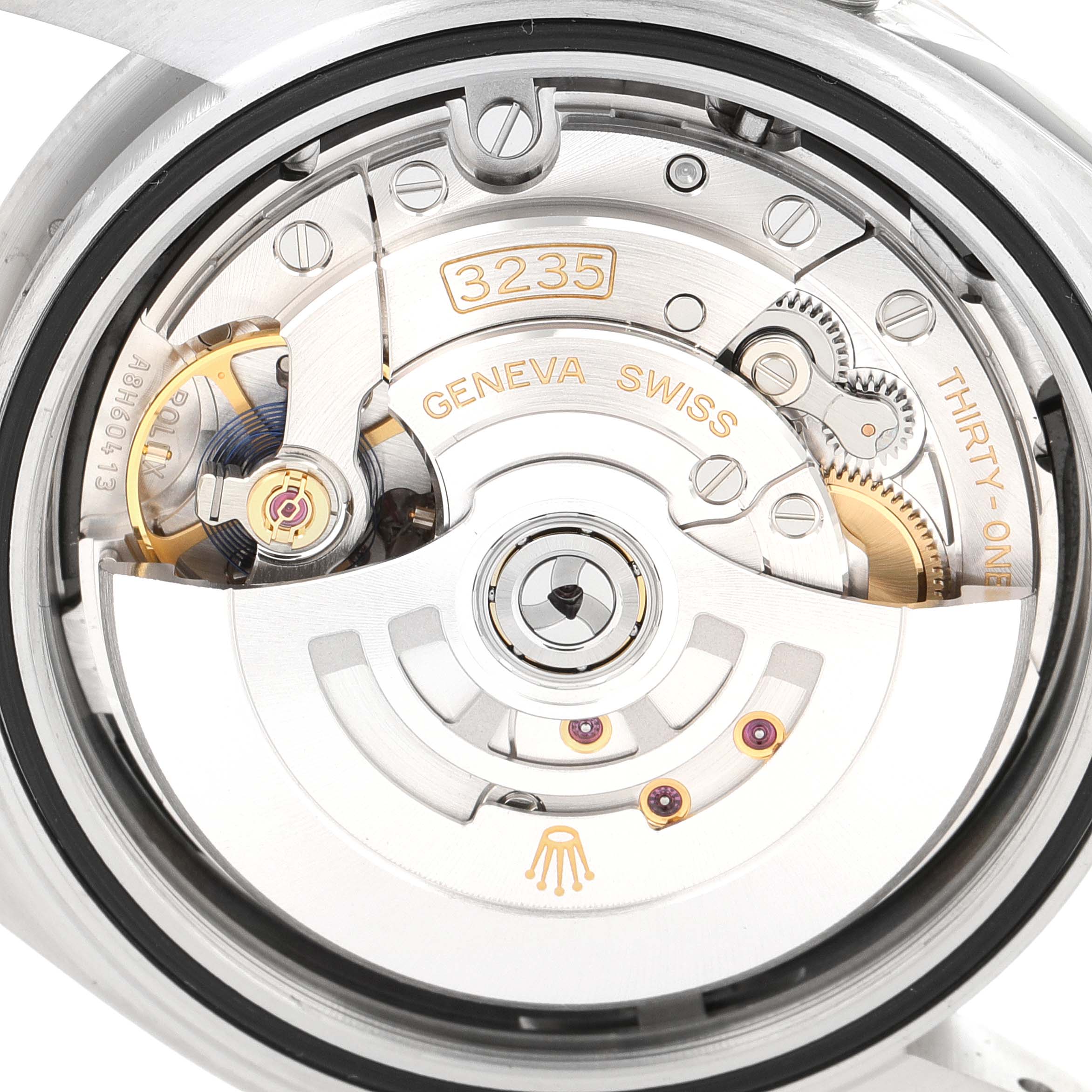 The image shows a close-up view of the movement mechanism of the Rolex Datejust 41 126334 Men's Stainless Steel Black Dial 126334 Men's Stainless Steel Black Dial watch.