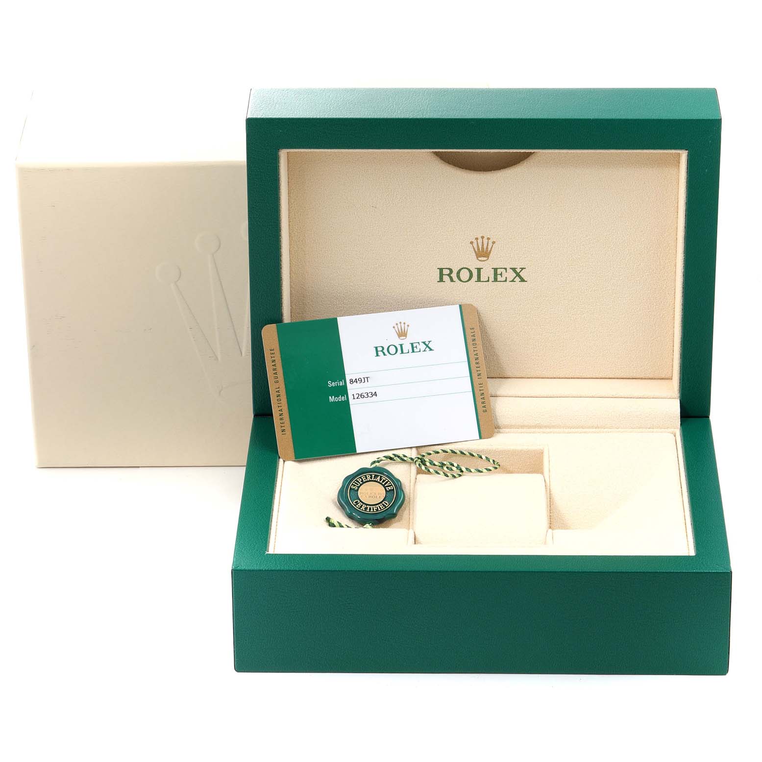 The image shows a Rolex Datejust 41 126334 Men's Stainless Steel Black Dial 126334 Men's Stainless Steel Black Dial green watch box with warranty card and tag inside.