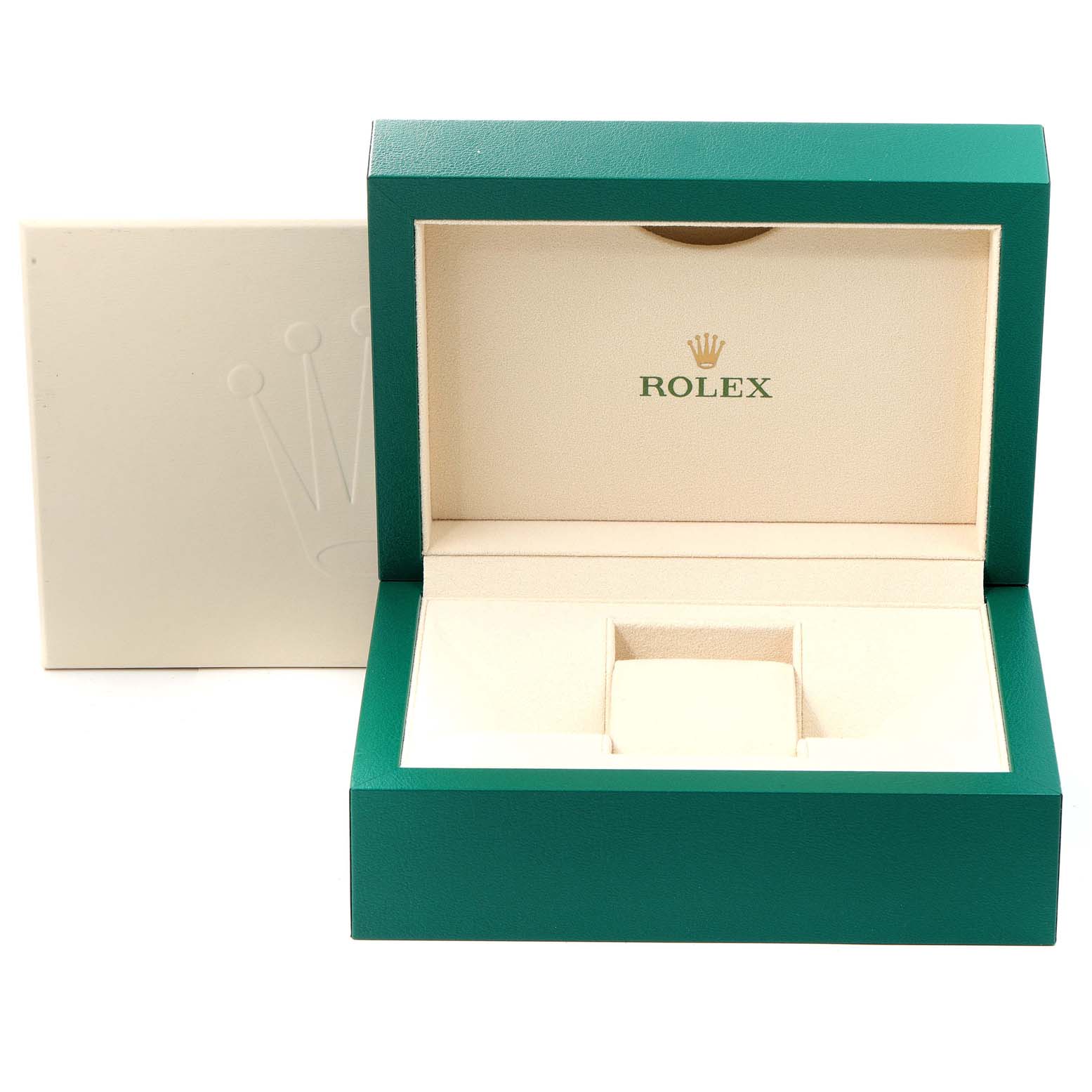 This image shows an open green and beige Rolex Datejust 41 126334 Men's Stainless Steel Blue Dial 126334 Men's Stainless Steel Blue Dial watch box with its lid and cushion.