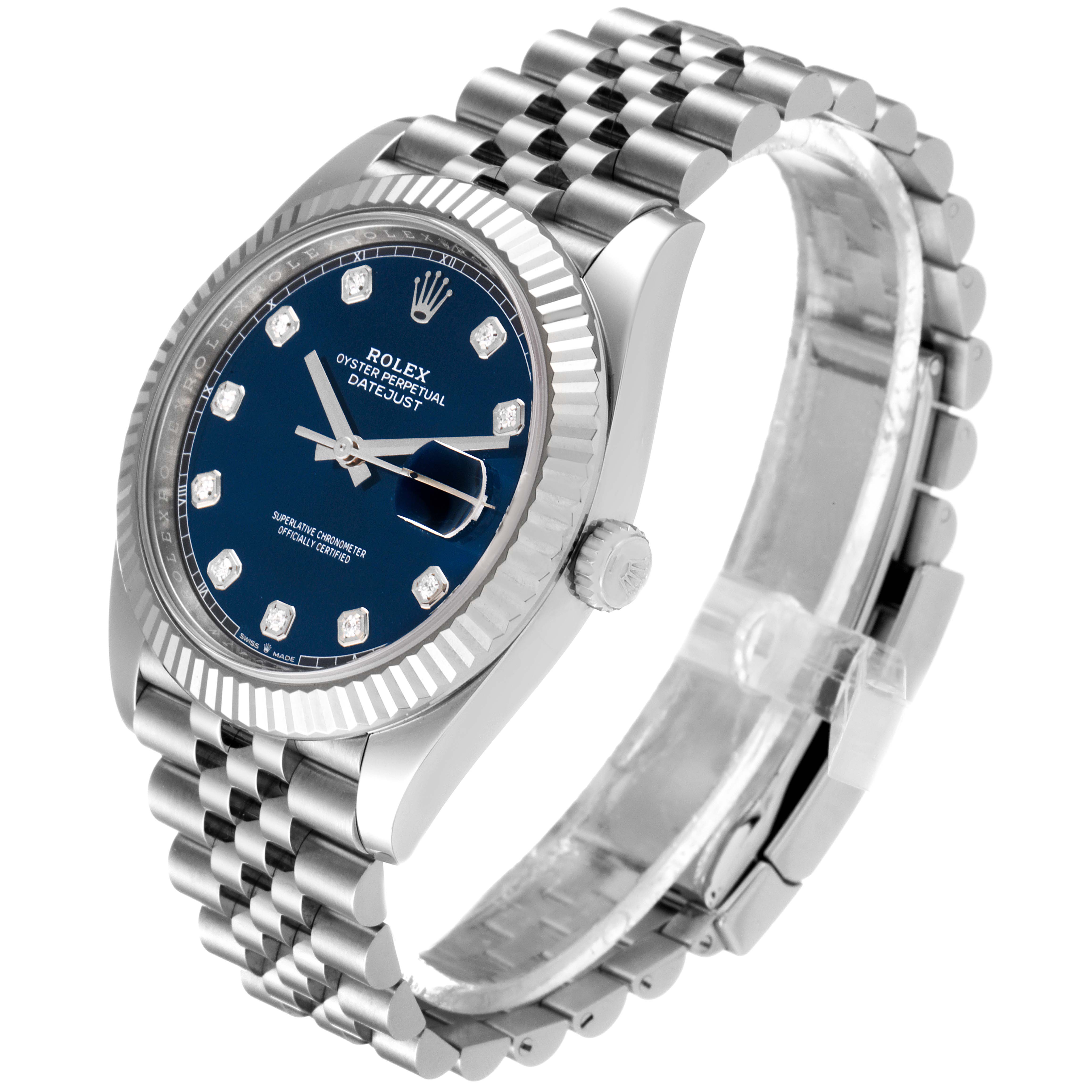 The Rolex Datejust 41 126334 Men's Stainless Steel Blue Dial 126334 Men's Stainless Steel Blue Dial watch is shown at an angle displaying the dial, bezel, crown, and part of the bracelet.