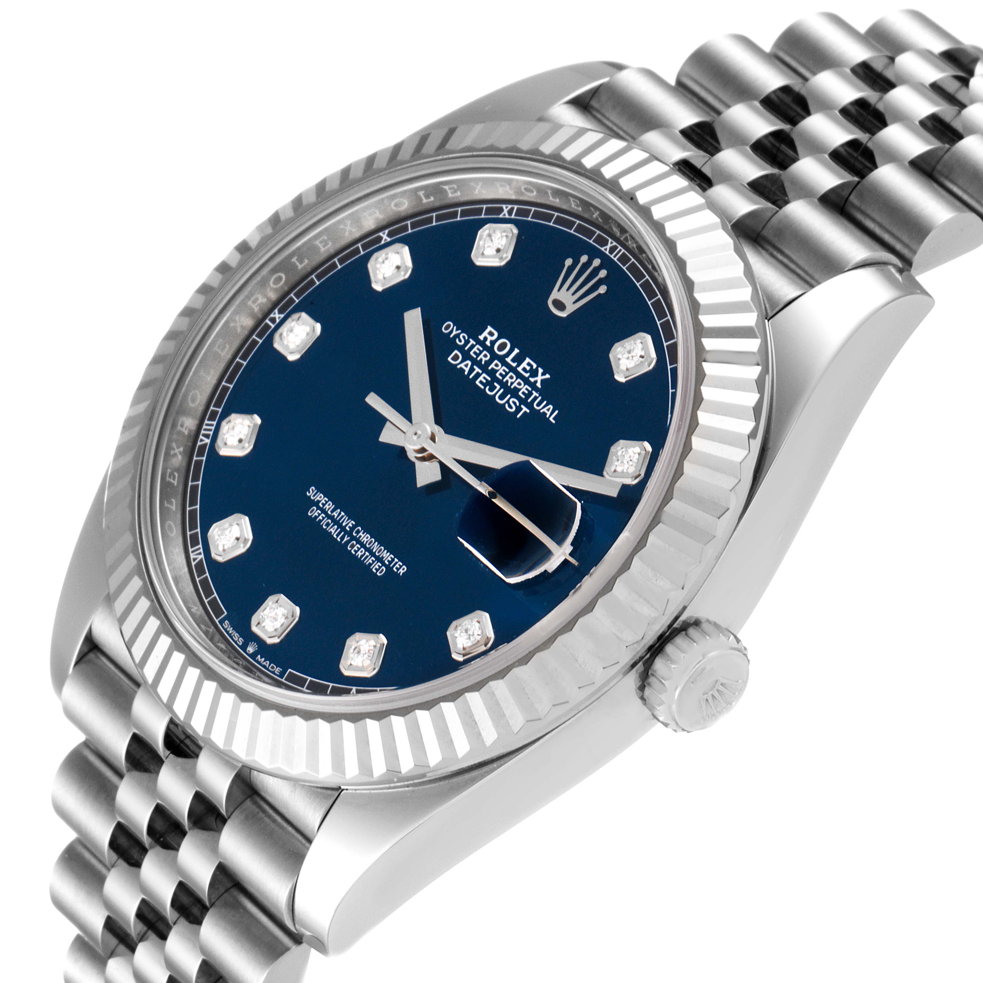 This image shows a Rolex Datejust 41 126334 Men's Stainless Steel Blue Dial 126334 Men's Stainless Steel Blue Dial watch at a slight angle, highlighting its blue dial, fluted bezel, and Jubilee bracelet.