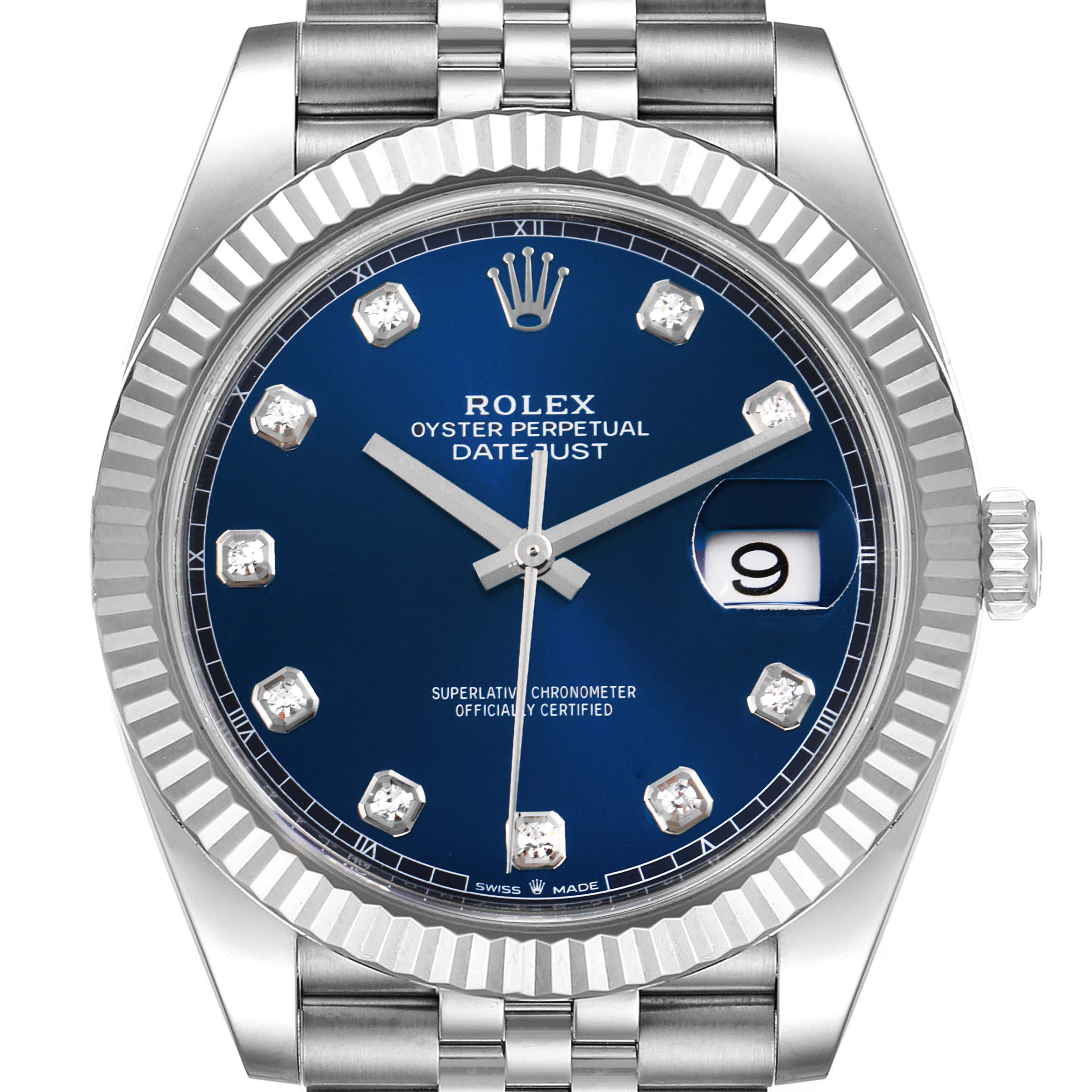 The image shows a front view of the Rolex Datejust 41 126334 Men's Stainless Steel Blue Dial 126334 Men's Stainless Steel Blue Dial watch, displaying its blue dial, fluted bezel, and date window.