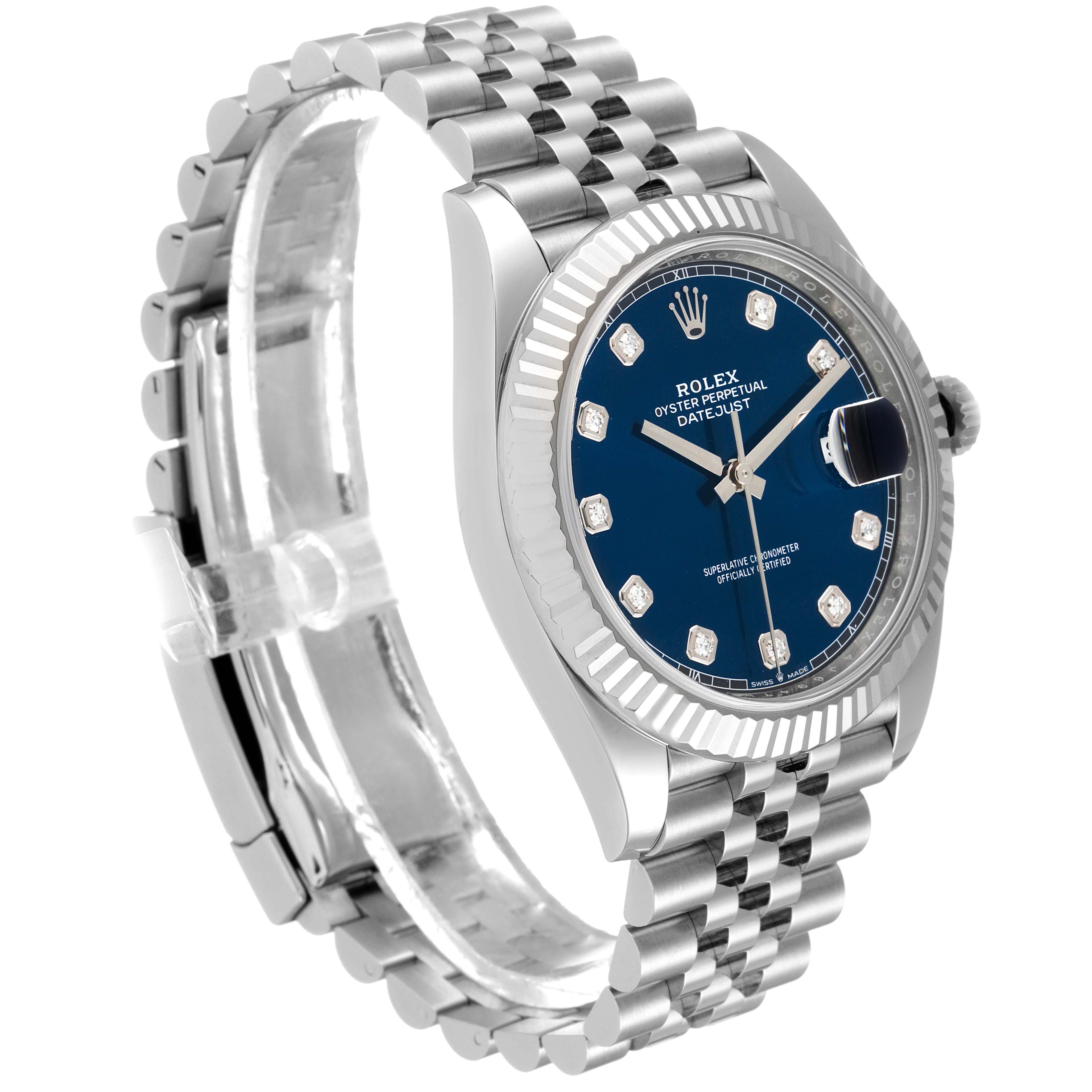 The image shows the Rolex Datejust 41 126334 Men's Stainless Steel Blue Dial 126334 Men's Stainless Steel Blue Dial watch at an angled side view, revealing the face, bezel, crown, and bracelet.