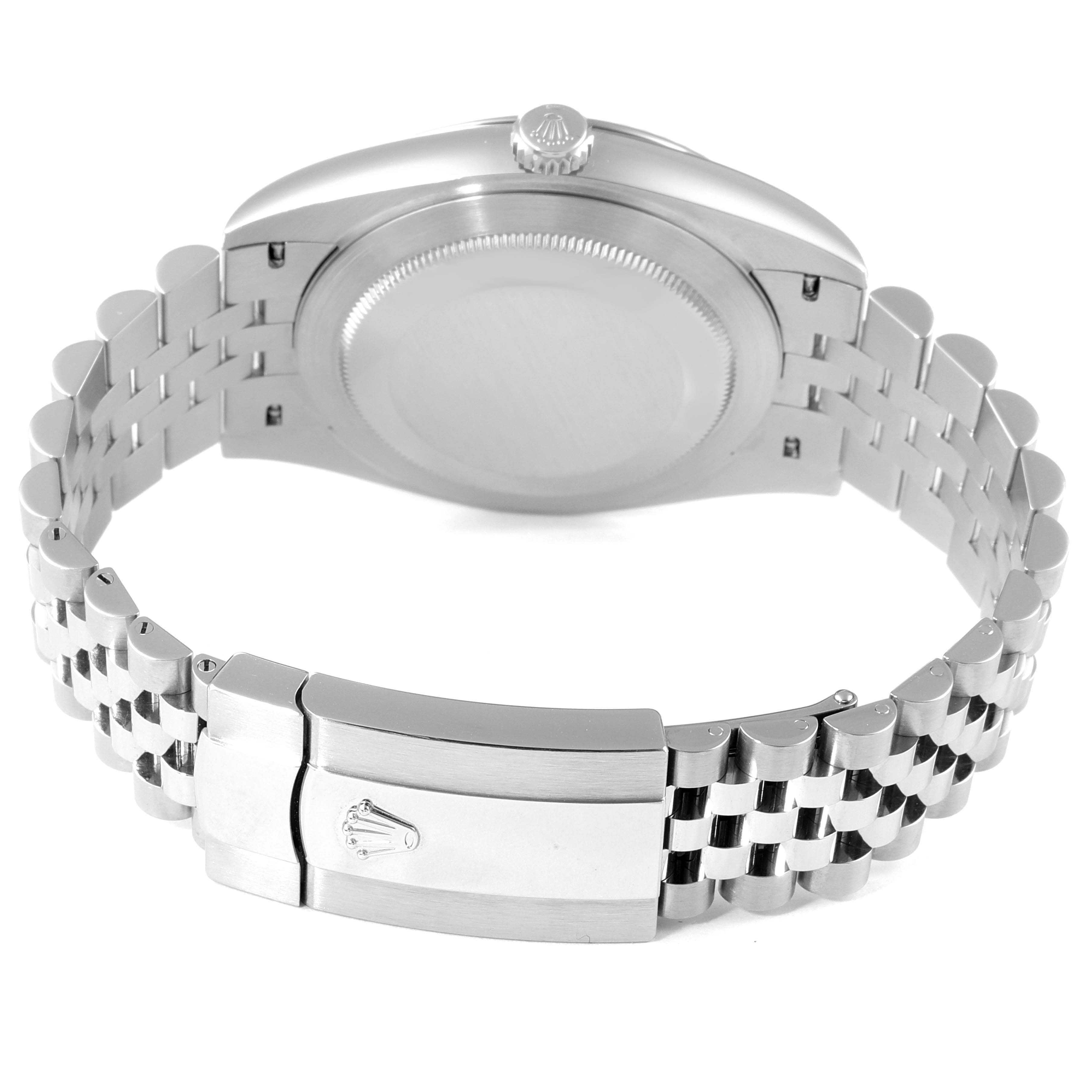 This image shows the back and bracelet of a Rolex Datejust 41 126334 Men's Stainless Steel Blue Dial 126334 Men's Stainless Steel Blue Dial watch, displaying the clasp and caseback at an angled view.