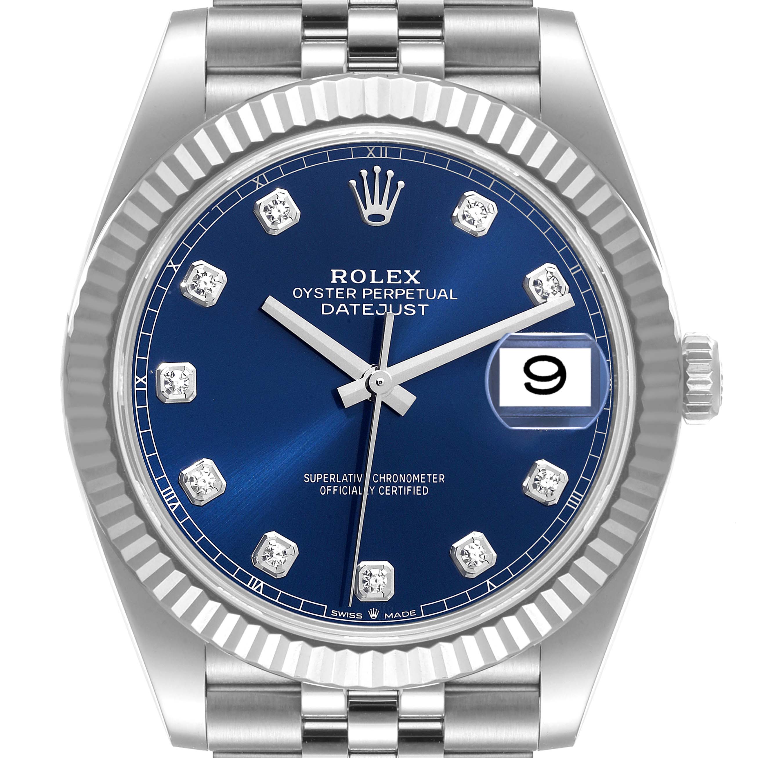 The image shows a frontal view of the Rolex Datejust 41 126334 Men's Stainless Steel Blue Dial 126334 Men's Stainless Steel Blue Dial watch, featuring its blue dial, diamond hour markers, and fluted bezel.