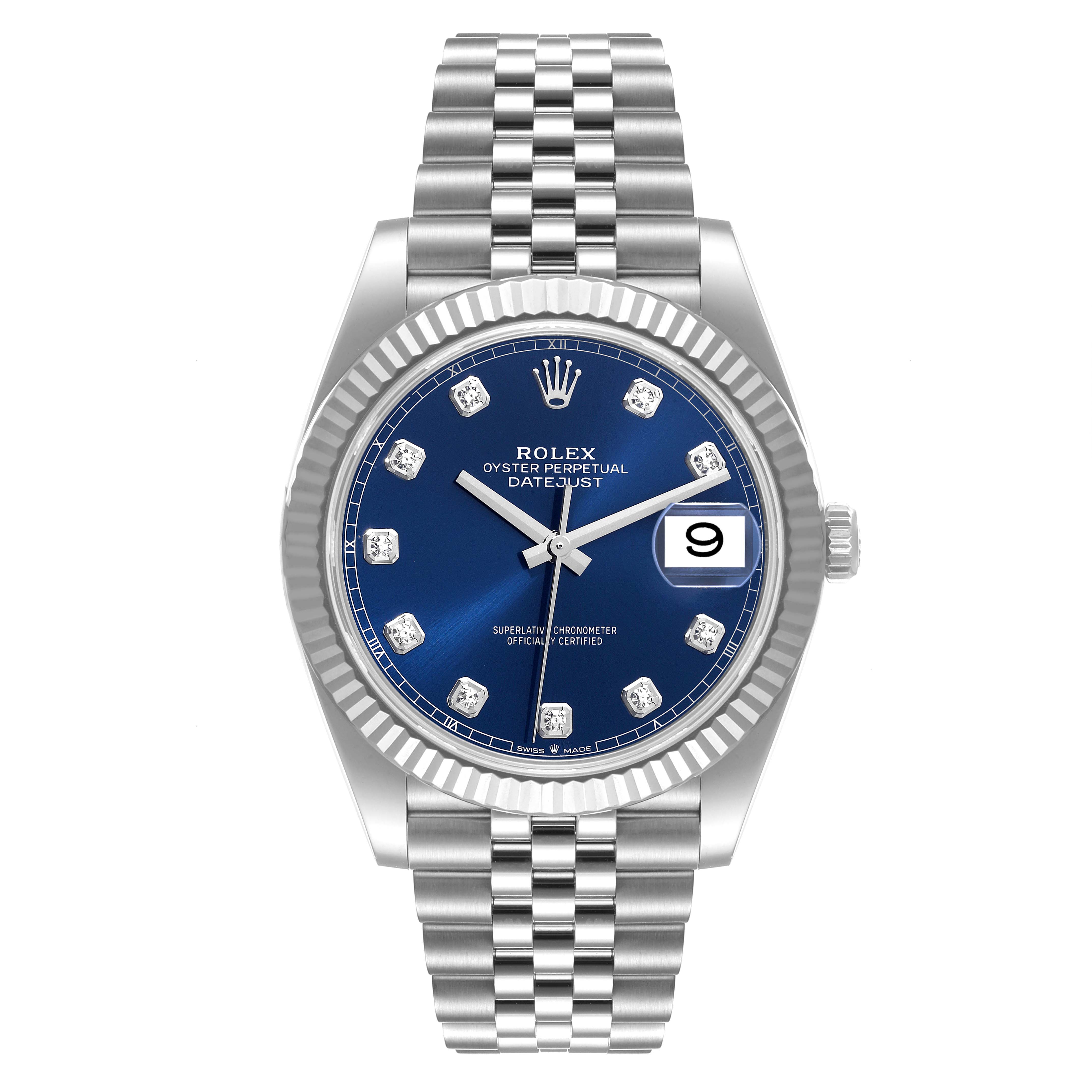 The Rolex Datejust 41 126334 Men's Stainless Steel Blue Dial 126334 Men's Stainless Steel Blue Dial model is shown from the front, displaying its blue dial, jubilee bracelet, and date window.