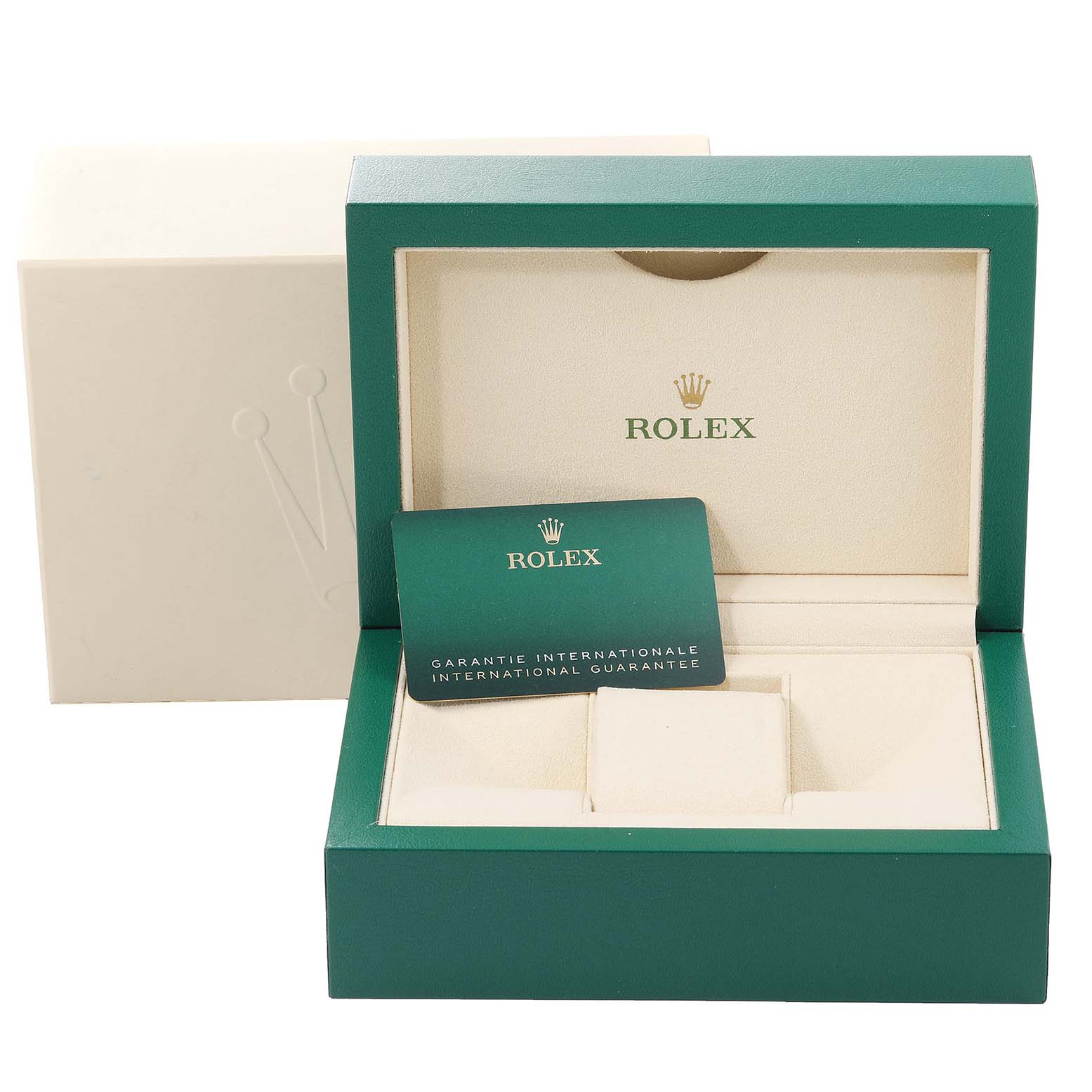 The image shows the packaging and international guarantee card for the Rolex Datejust 41 126334 Men's Stainless Steel Blue Dial 126334 Men's Stainless Steel Blue Dial model.