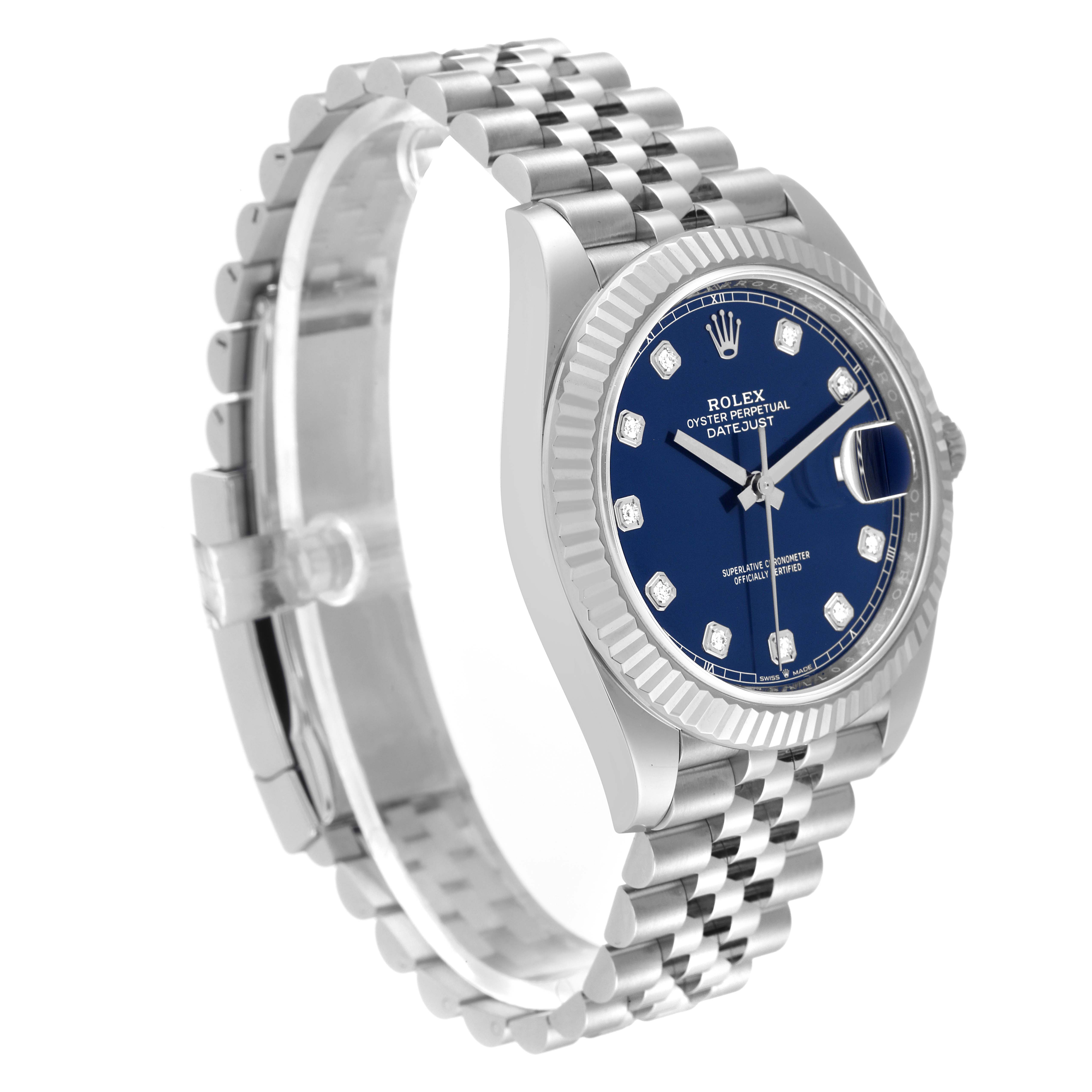 The image shows a side and partial front view of a Rolex Datejust 41 126334 Men's Stainless Steel Blue Dial 126334 Men's Stainless Steel Blue Dial watch, highlighting its bracelet, bezel, and blue dial.