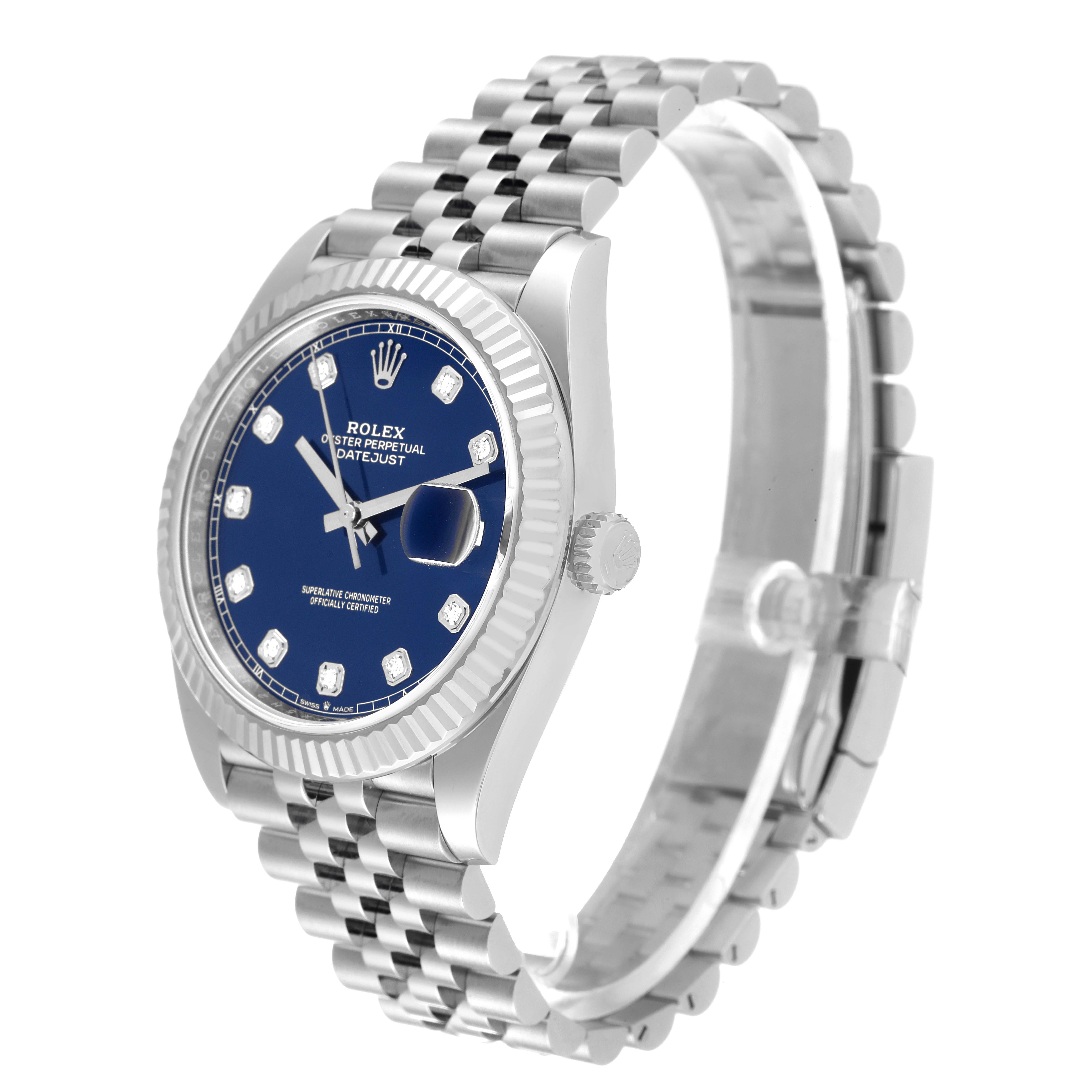 The image shows a Rolex Datejust 41 126334 Men's Stainless Steel Blue Dial 126334 Men's Stainless Steel Blue Dial watch from an angled side view, highlighting the bezel, blue dial, and stainless steel bracelet.