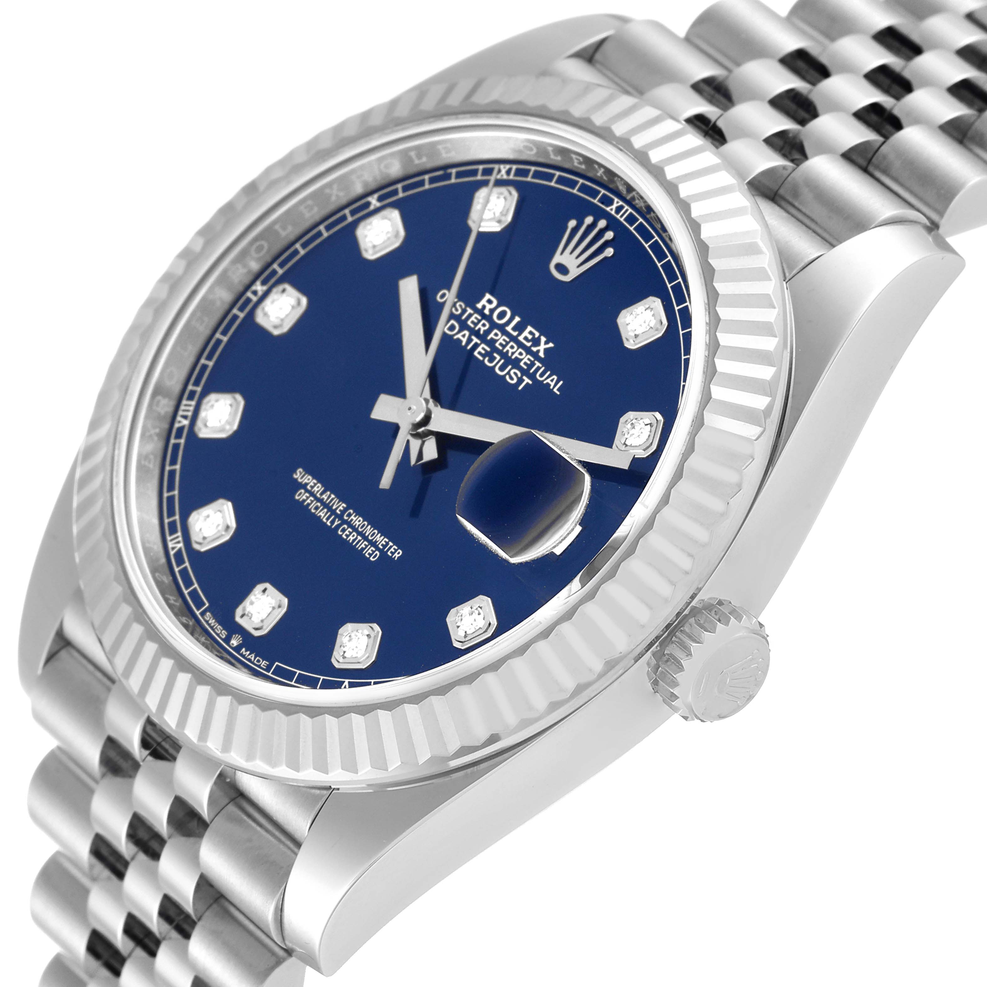 The Rolex Datejust 41 126334 Men's Stainless Steel Blue Dial 126334 Men's Stainless Steel Blue Dial watch is shown at an oblique angle highlighting its blue dial, fluted bezel, and Jubilee bracelet.