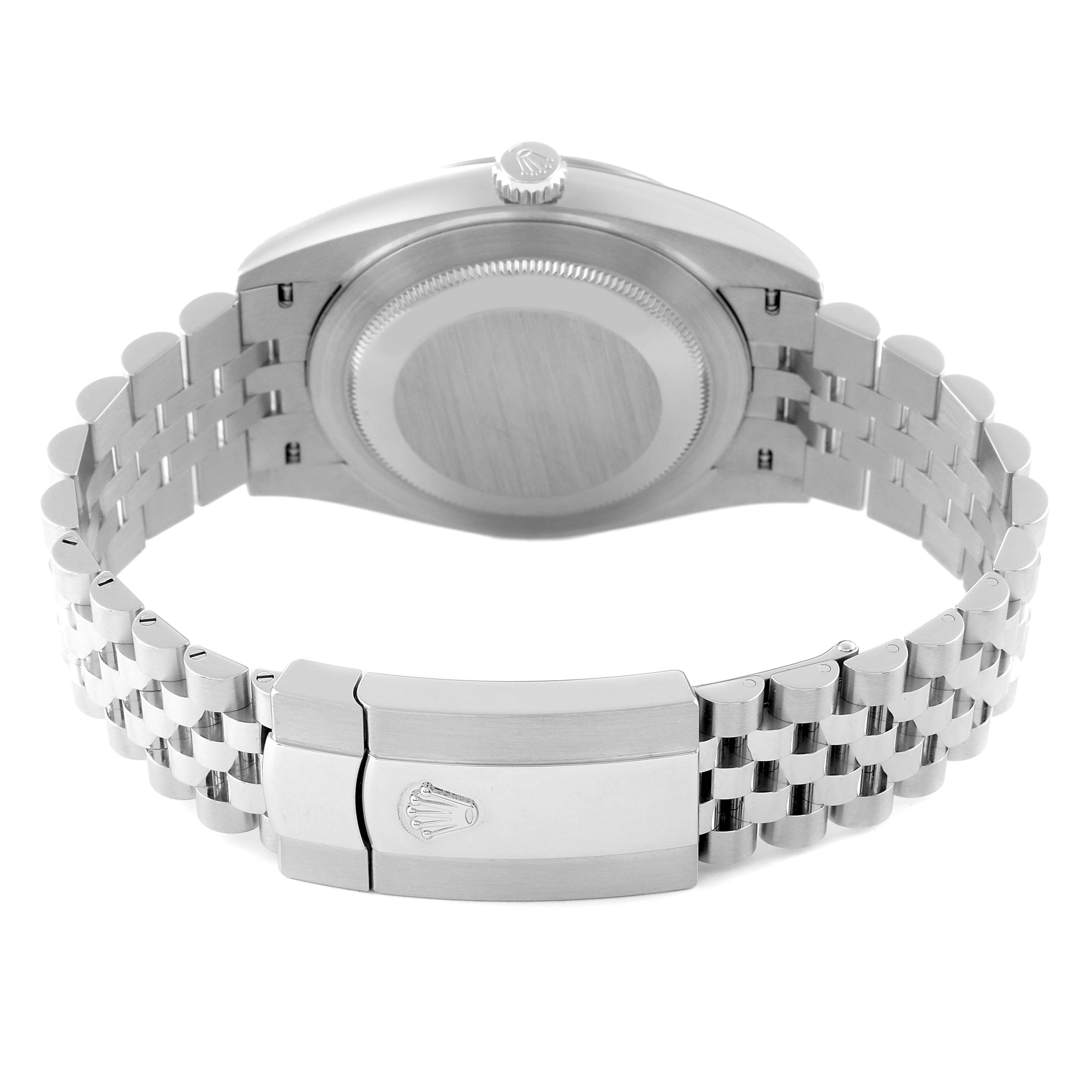 This image shows the back view of a Rolex Datejust 41 126334 Men's Stainless Steel Blue Dial 126334 Men's Stainless Steel Blue Dial watch, highlighting the case back, crown, and Jubilee bracelet.