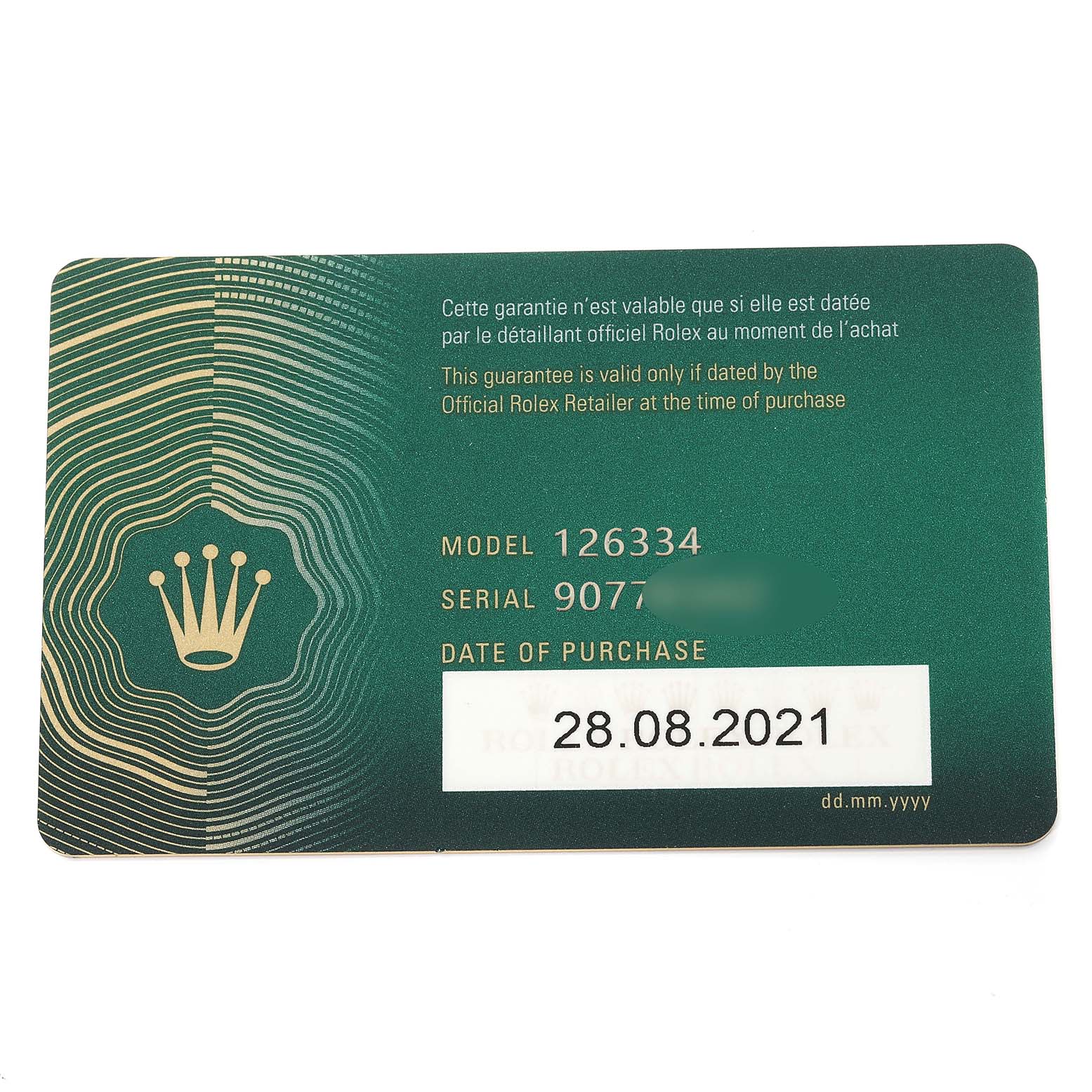 The image shows a Rolex Datejust 41 126334 Men's Stainless Steel Blue Dial 126334 Men's Stainless Steel Blue Dial warranty card with model number 126334 and date of purchase, August 28, 2021.