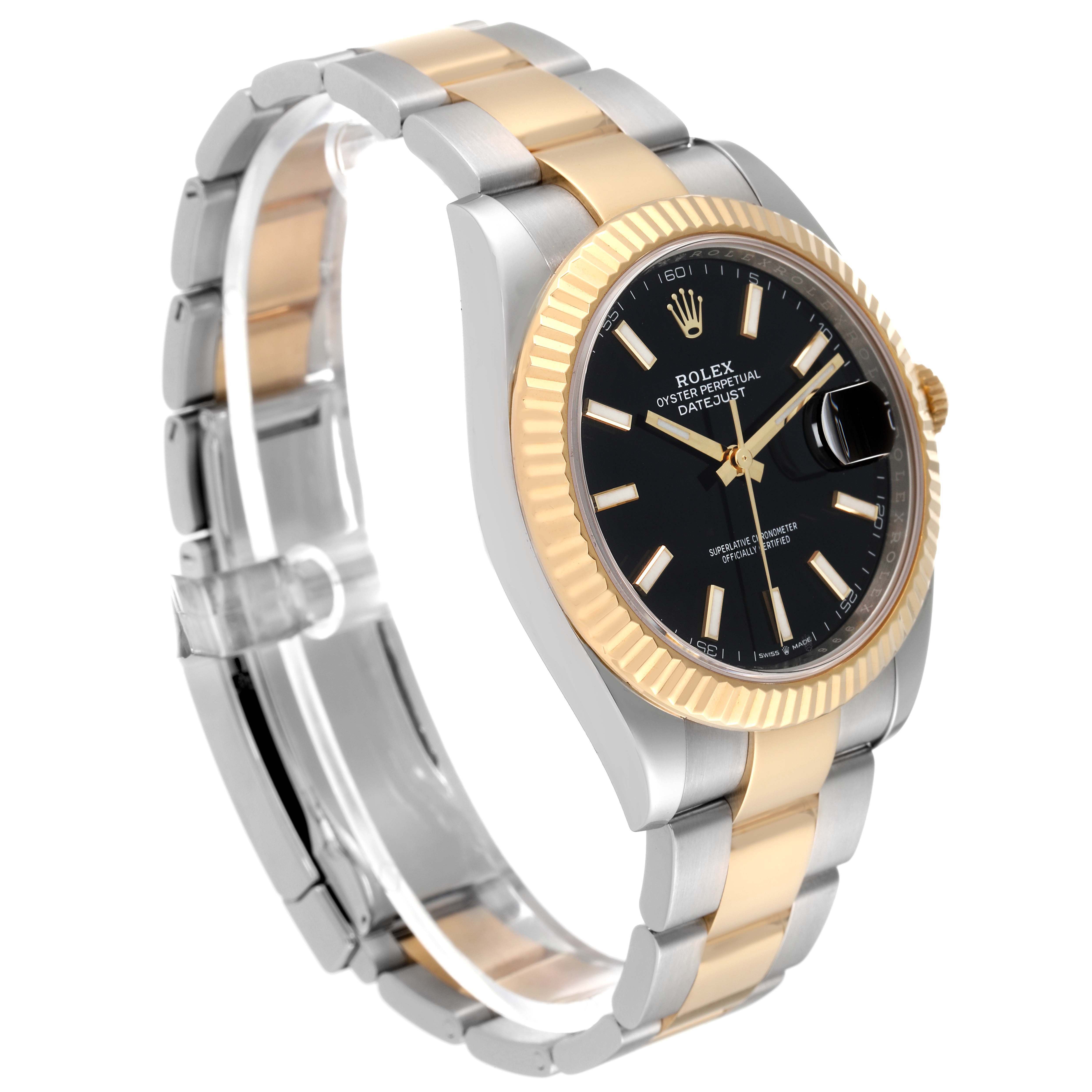 This image shows a side angle of the Rolex Datejust 41 126333 Men's Steel and Gold (two tone) Black Dial 126333 Men's Steel and Gold (two tone) Black Dial, highlighting its black dial, gold fluted bezel, and two-tone bracelet.