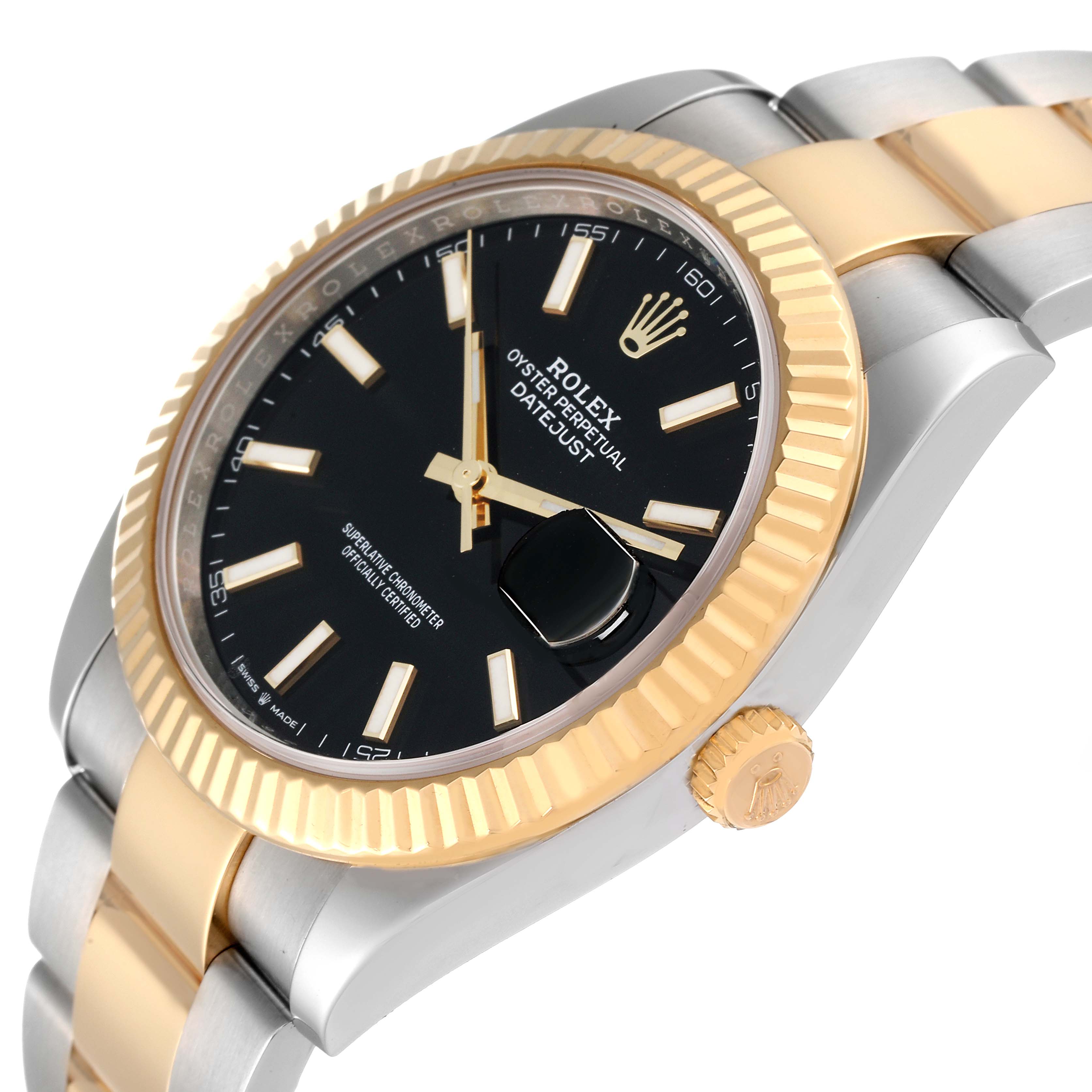 The image shows a Rolex Datejust 41 126333 Men's Steel and Gold (two tone) Black Dial 126333 Men's Steel and Gold (two tone) Black Dial watch angled from the front-right, highlighting the bezel, dial, crown, and bracelet.