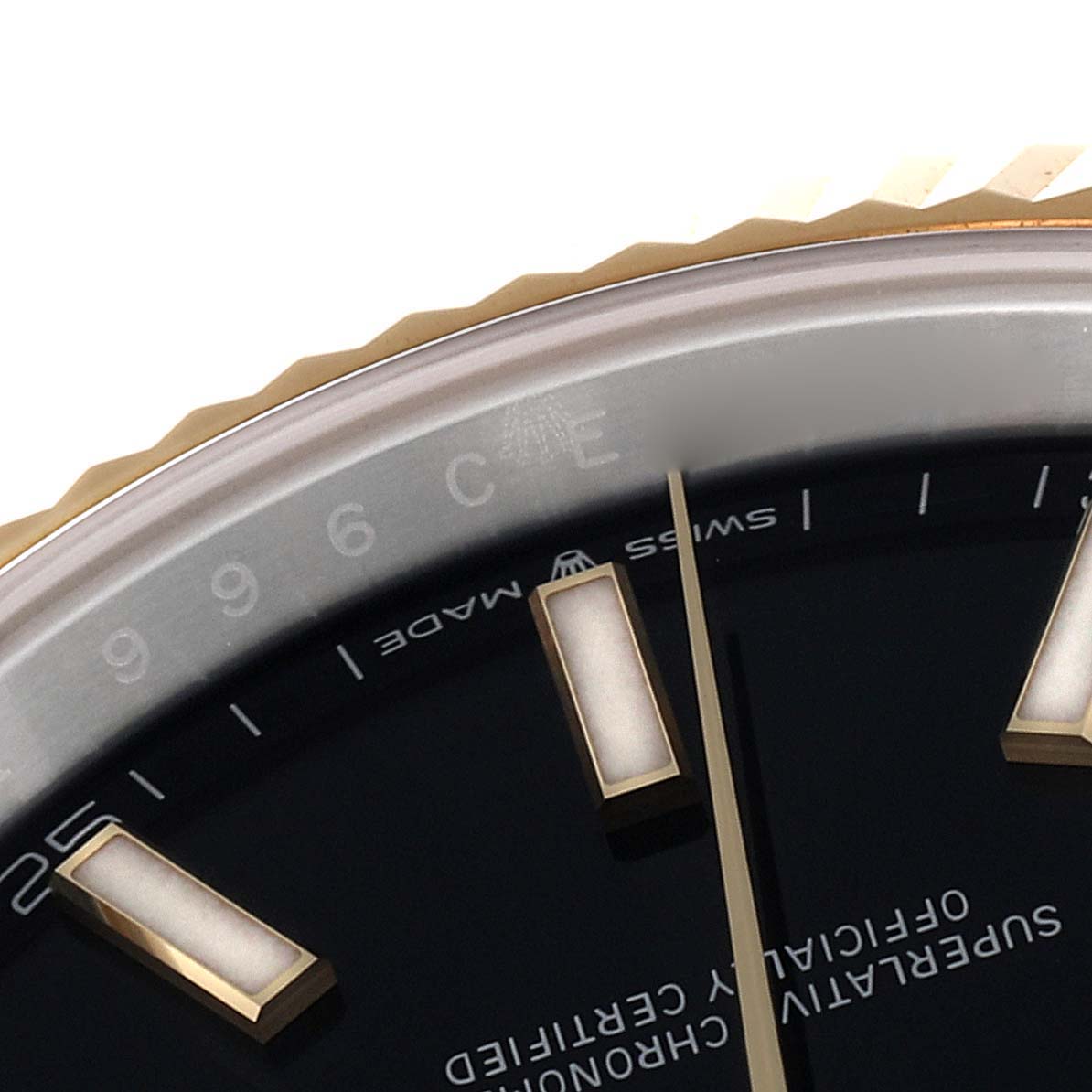 The image shows a close-up of the dial and bezel of the Rolex Datejust 41 126333 Men's Steel and Gold (two tone) Black Dial 126333 Men's Steel and Gold (two tone) Black Dial model.
