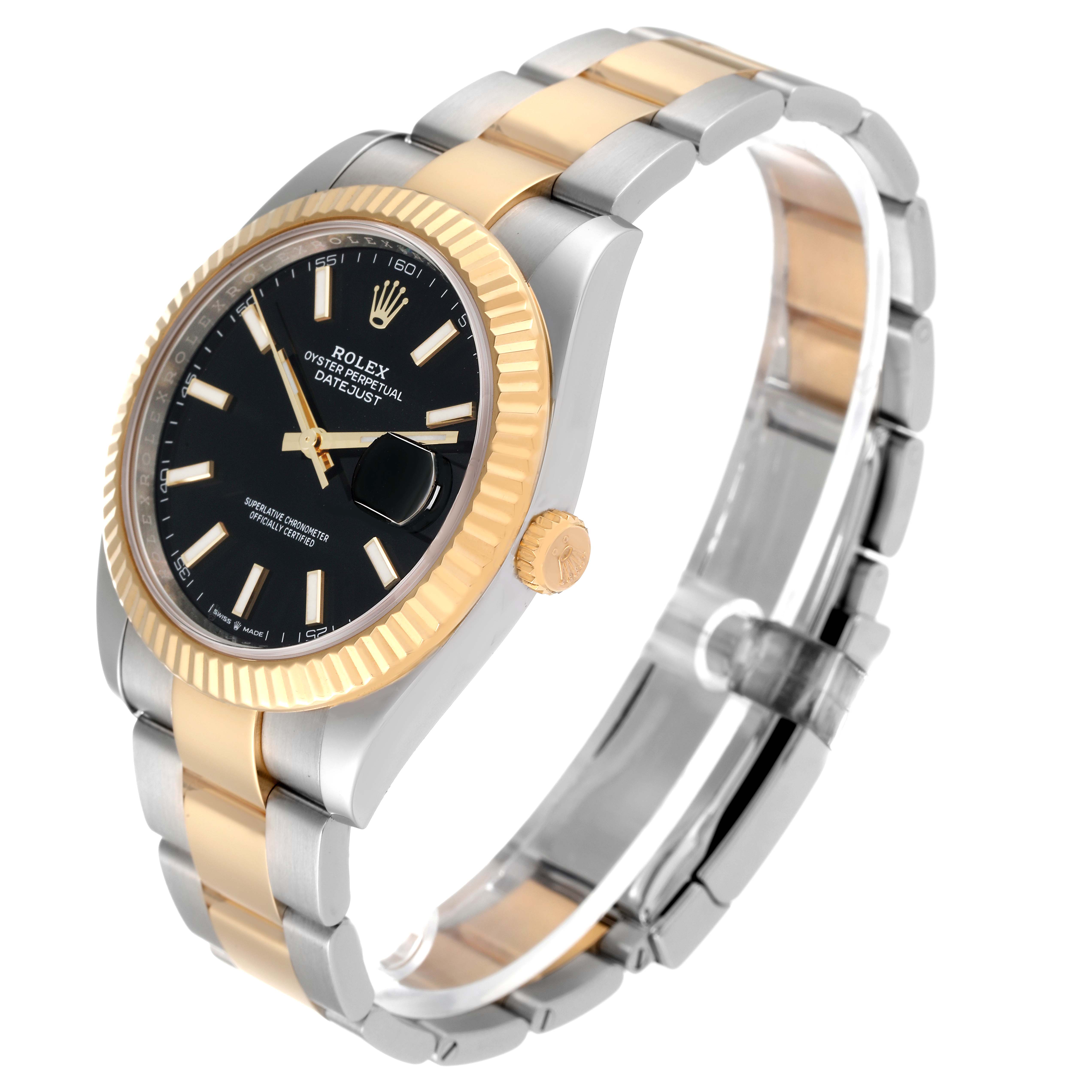 The Rolex Datejust 41 126333 Men's Steel and Gold (two tone) Black Dial 126333 Men's Steel and Gold (two tone) Black Dial is shown at an angled view displaying the face, crown, and bracelet.