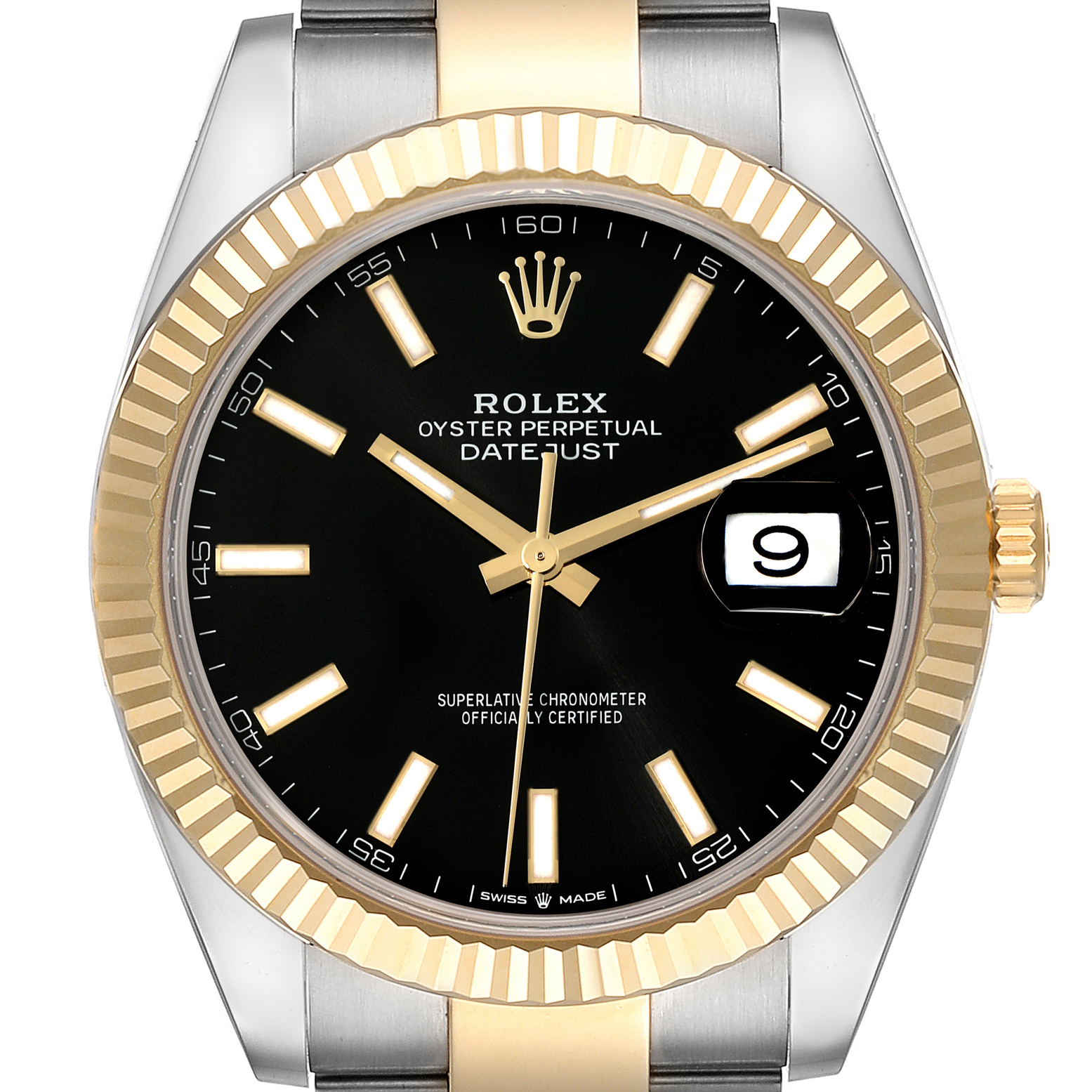 The Rolex Datejust 41 126333 Men's Steel and Gold (two tone) Black Dial 126333 Men's Steel and Gold (two tone) Black Dial watch is shown from the front, displaying its black dial, date window, and fluted bezel.