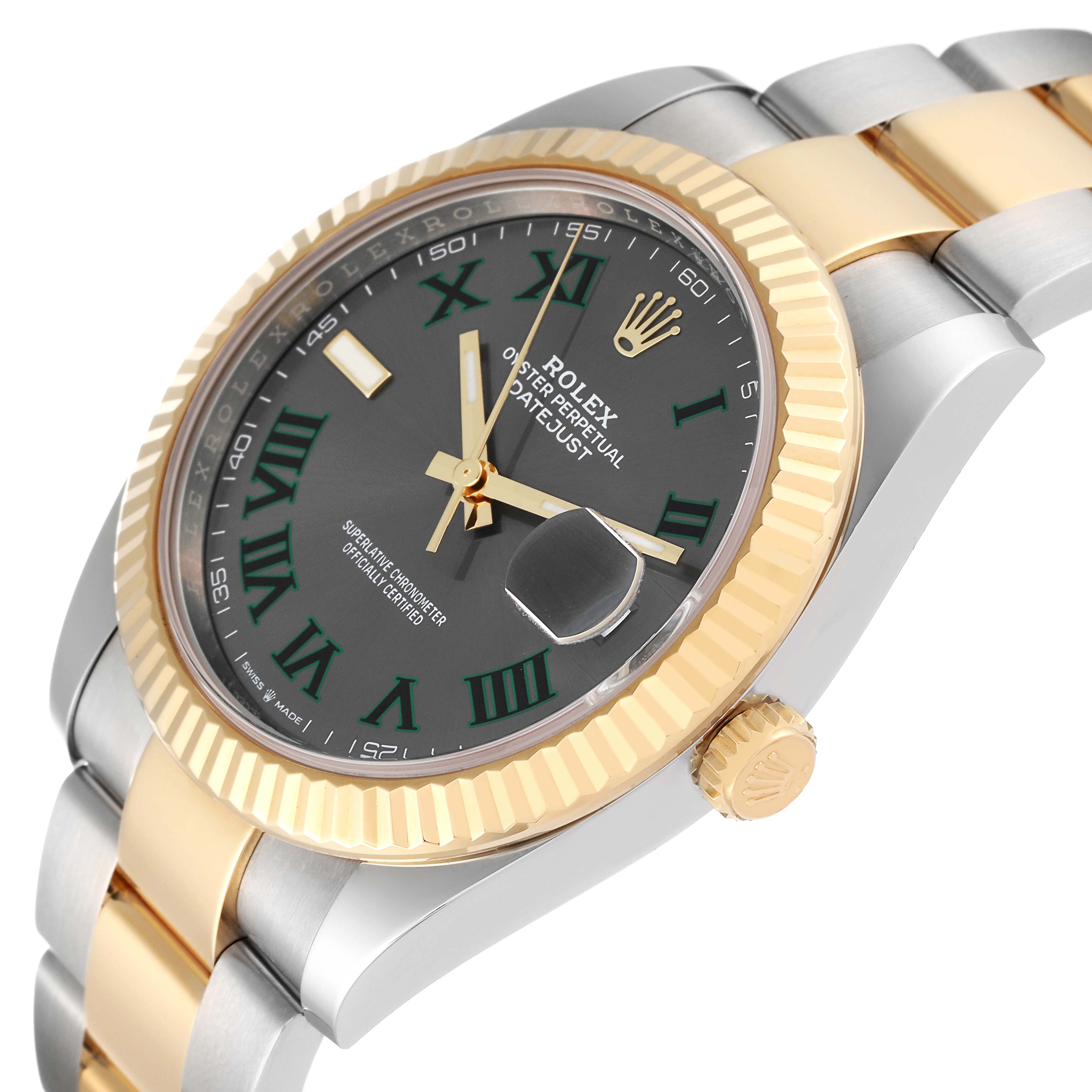 The Rolex Datejust 41 126333 Men's Steel and Gold (two tone) Grey Dial 126333 Men's Steel and Gold (two tone) Grey Dial watch is shown at a slight angle, highlighting the dial, bezel, and part of the bracelet.