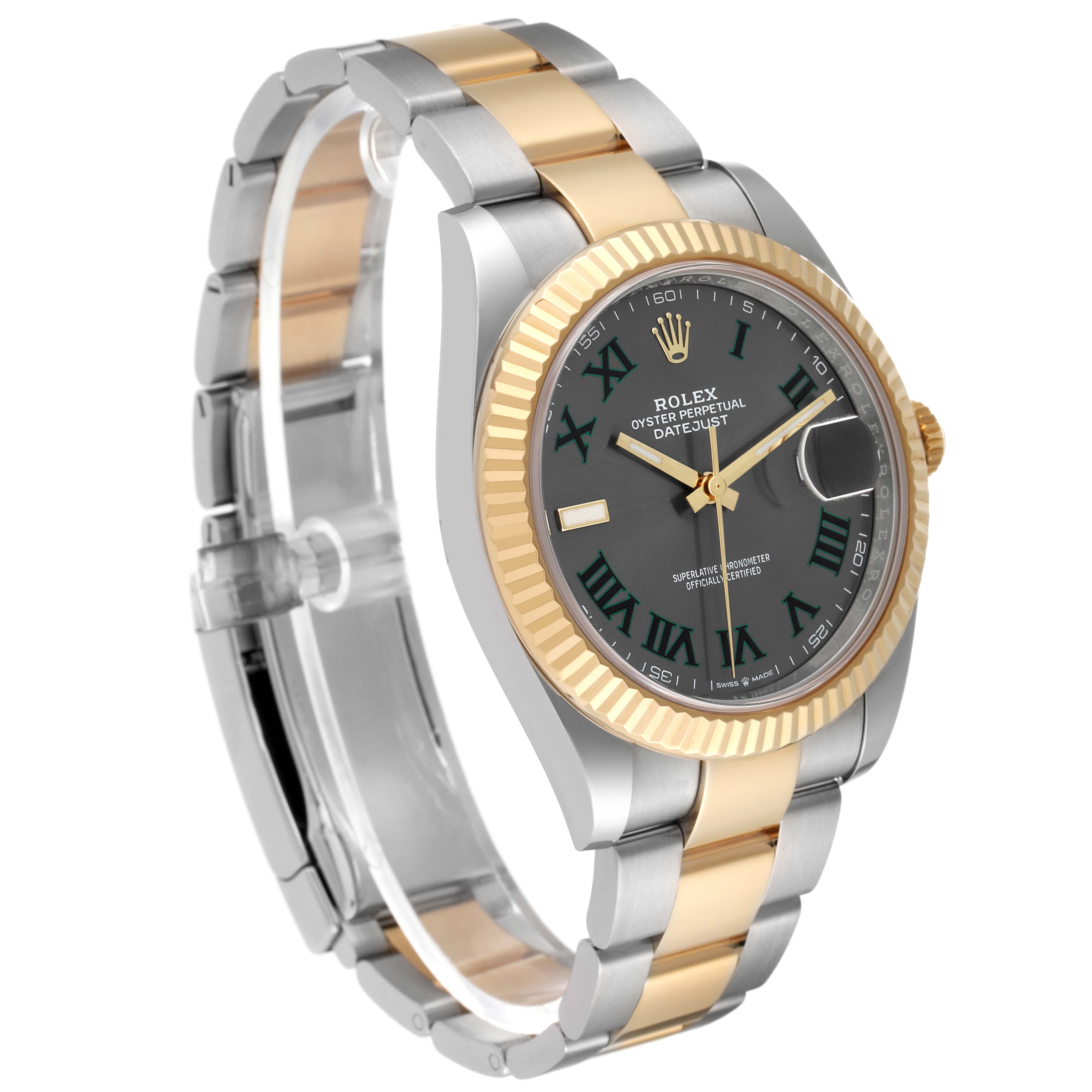 The image shows a Rolex Datejust 41 126333 Men's Steel and Gold (two tone) Grey Dial 126333 Men's Steel and Gold (two tone) Grey Dial from an angled side view, displaying the dial, bezel, and two-tone bracelet.