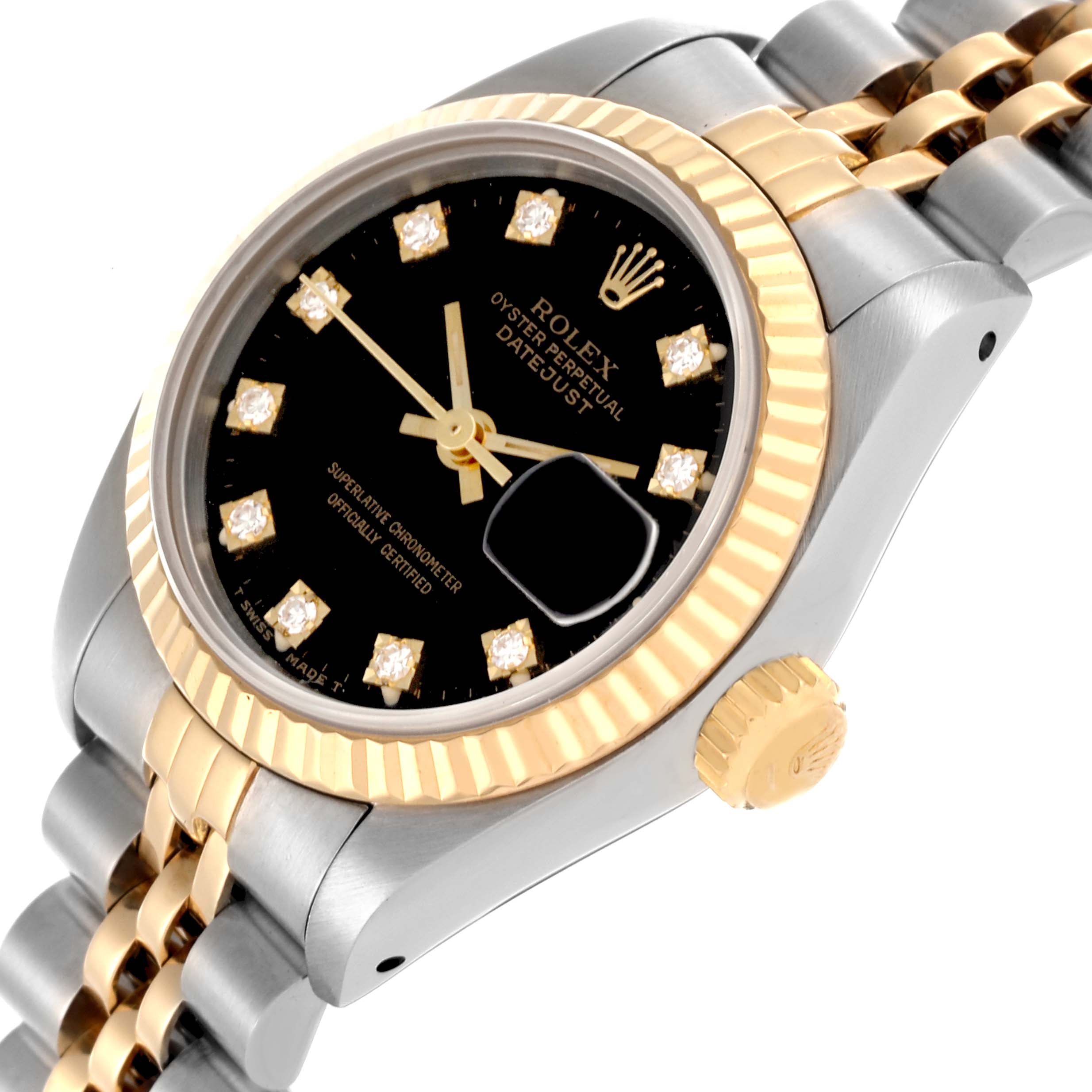 The Rolex Datejust 69173 Women's Steel and Gold (two tone) Black Dial 69173 Women's Steel and Gold (two tone) Black Dial watch is shown at a slight angle, highlighting the bezel, crown, and bracelet.