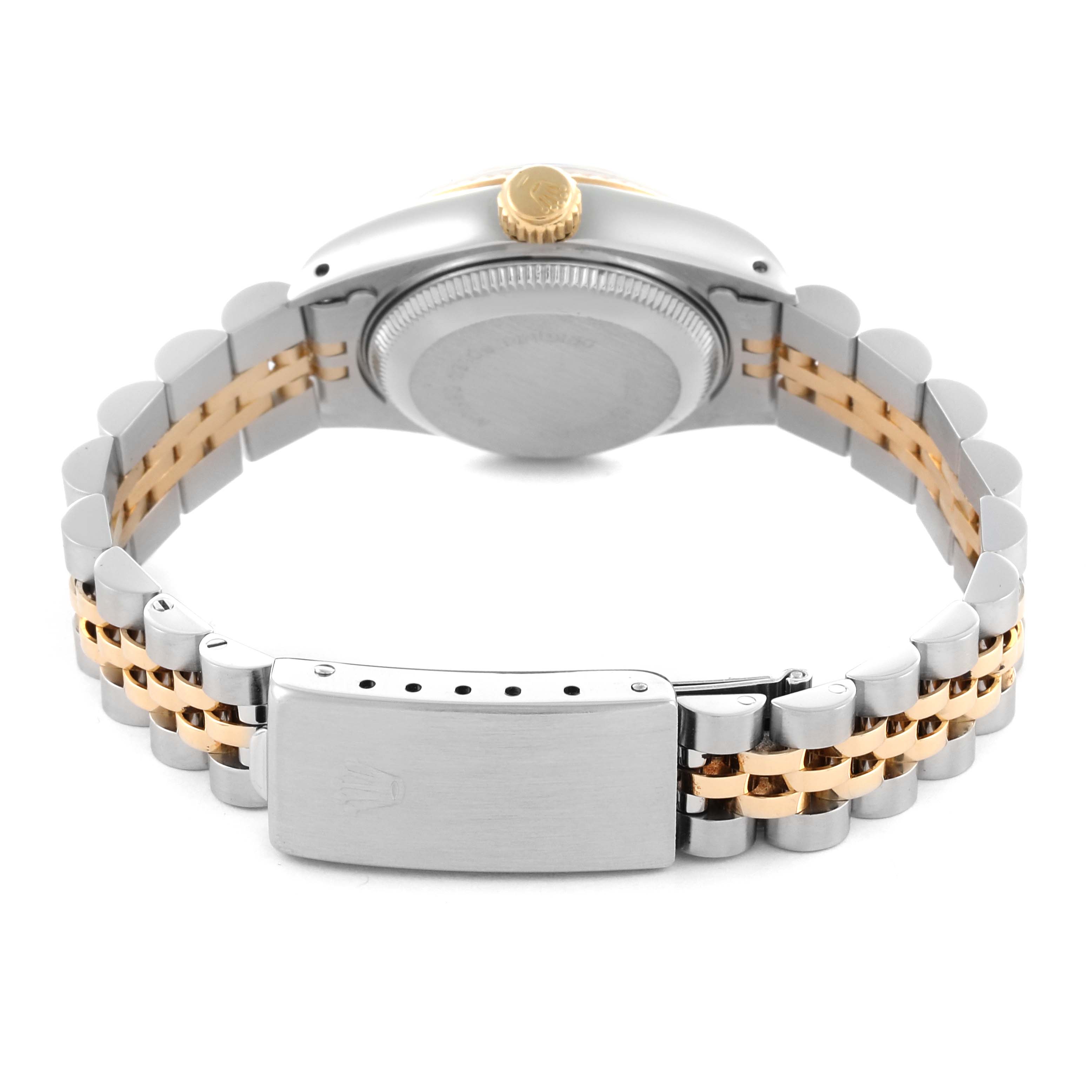 The image shows the back view of a Rolex Datejust 69173 Women's Steel and Gold (two tone) Black Dial 69173 Women's Steel and Gold (two tone) Black Dial, highlighting the case, crown, and two-tone jubilee bracelet.