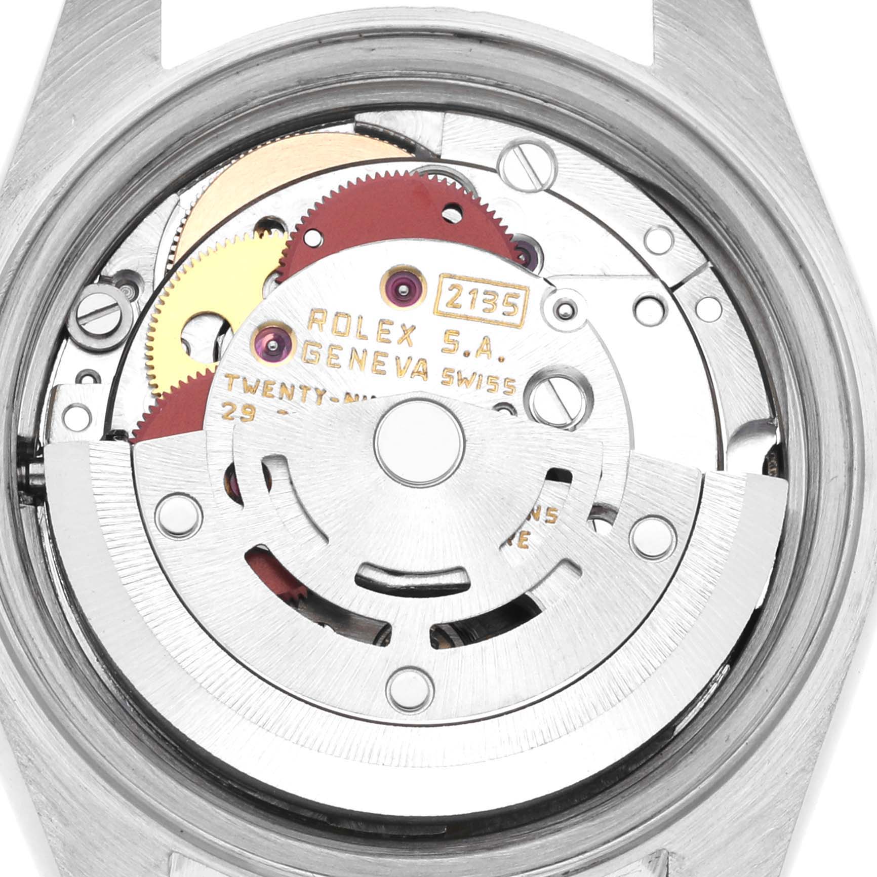 The image shows the back view of the Rolex Datejust 69173 Women's Steel and Gold (two tone) Black Dial 69173 Women's Steel and Gold (two tone) Black Dial movement, highlighting the intricate gears and rotor.