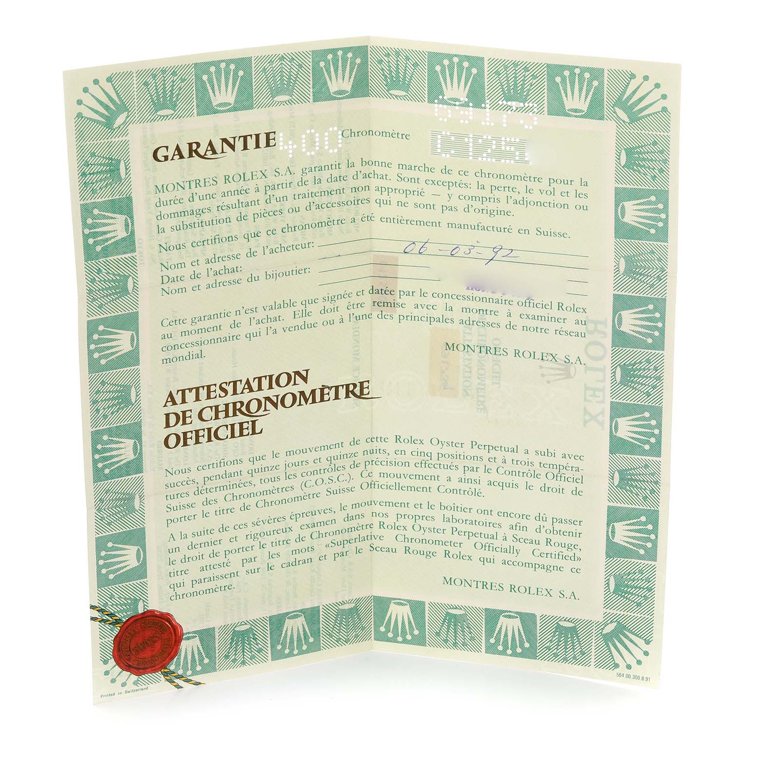 The image shows a warranty certificate for a Rolex Datejust 69173 Women's Steel and Gold (two tone) Black Dial 69173 Women's Steel and Gold (two tone) Black Dial watch.