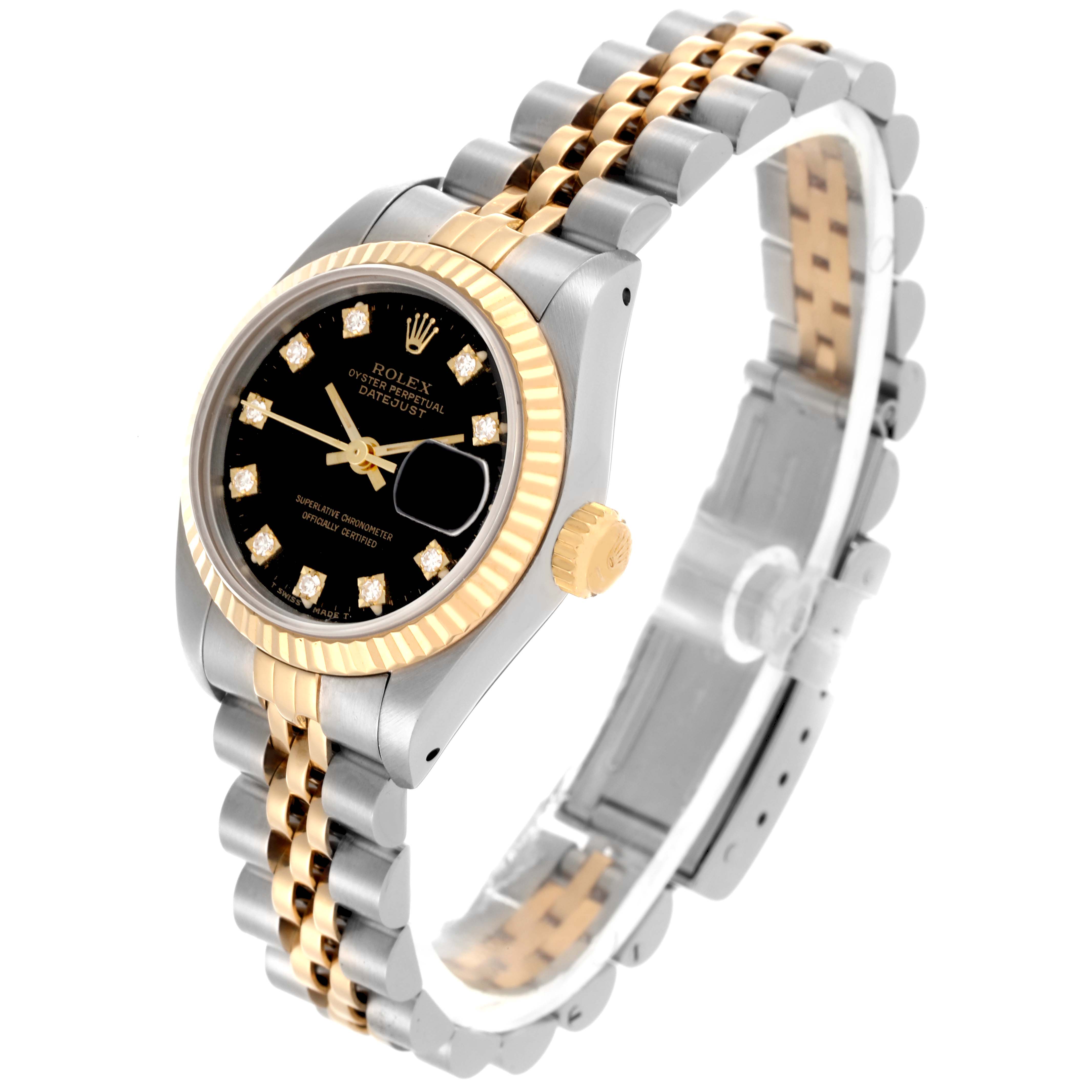 The Rolex Datejust 69173 Women's Steel and Gold (two tone) Black Dial 69173 Women's Steel and Gold (two tone) Black Dial watch is shown at an angled view, featuring the face, bezel, crown, and bracelet.