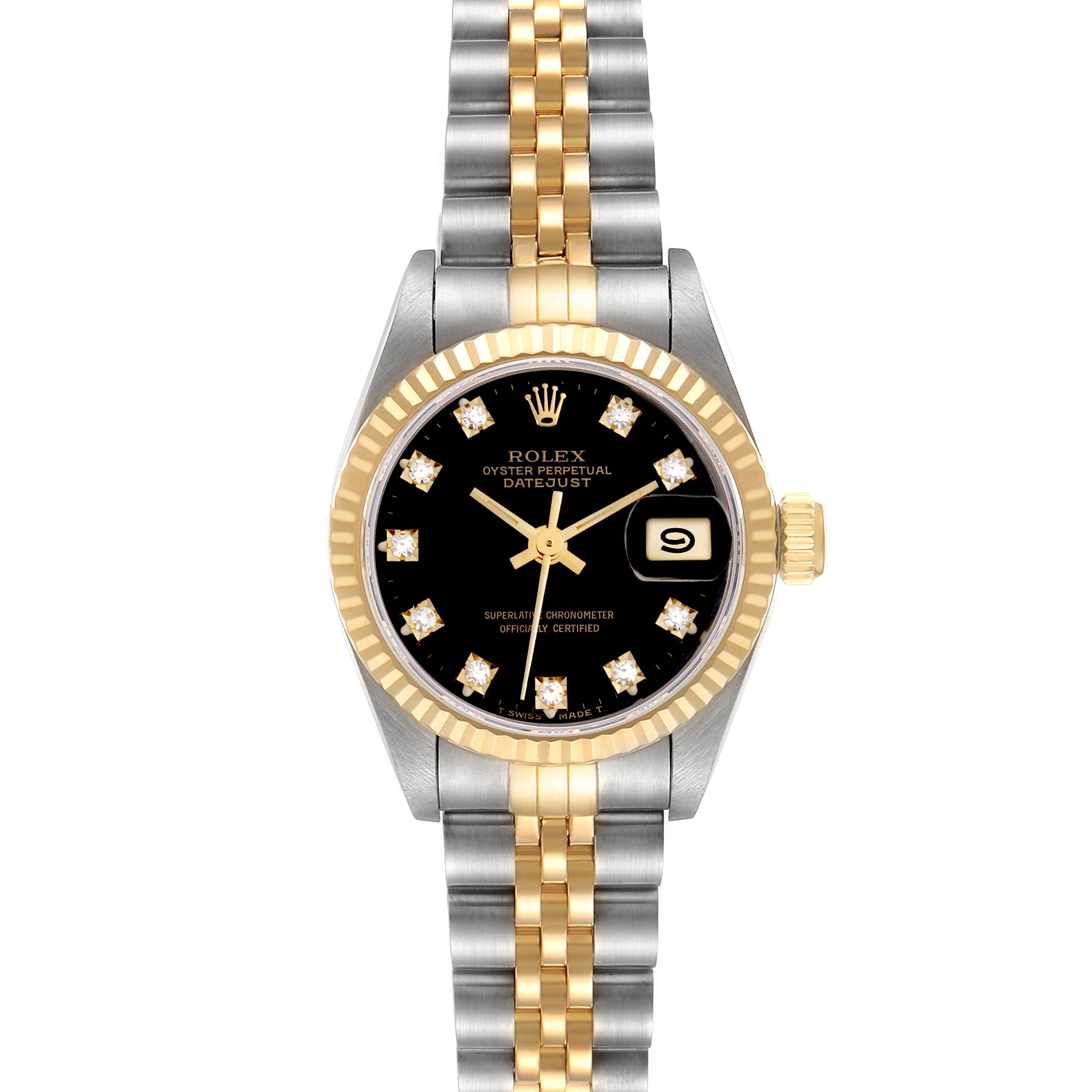 The Rolex Datejust 69173 Women's Steel and Gold (two tone) Black Dial 69173 Women's Steel and Gold (two tone) Black Dial watch is shown from the front, displaying the dial, bezel, bracelet, and crown.